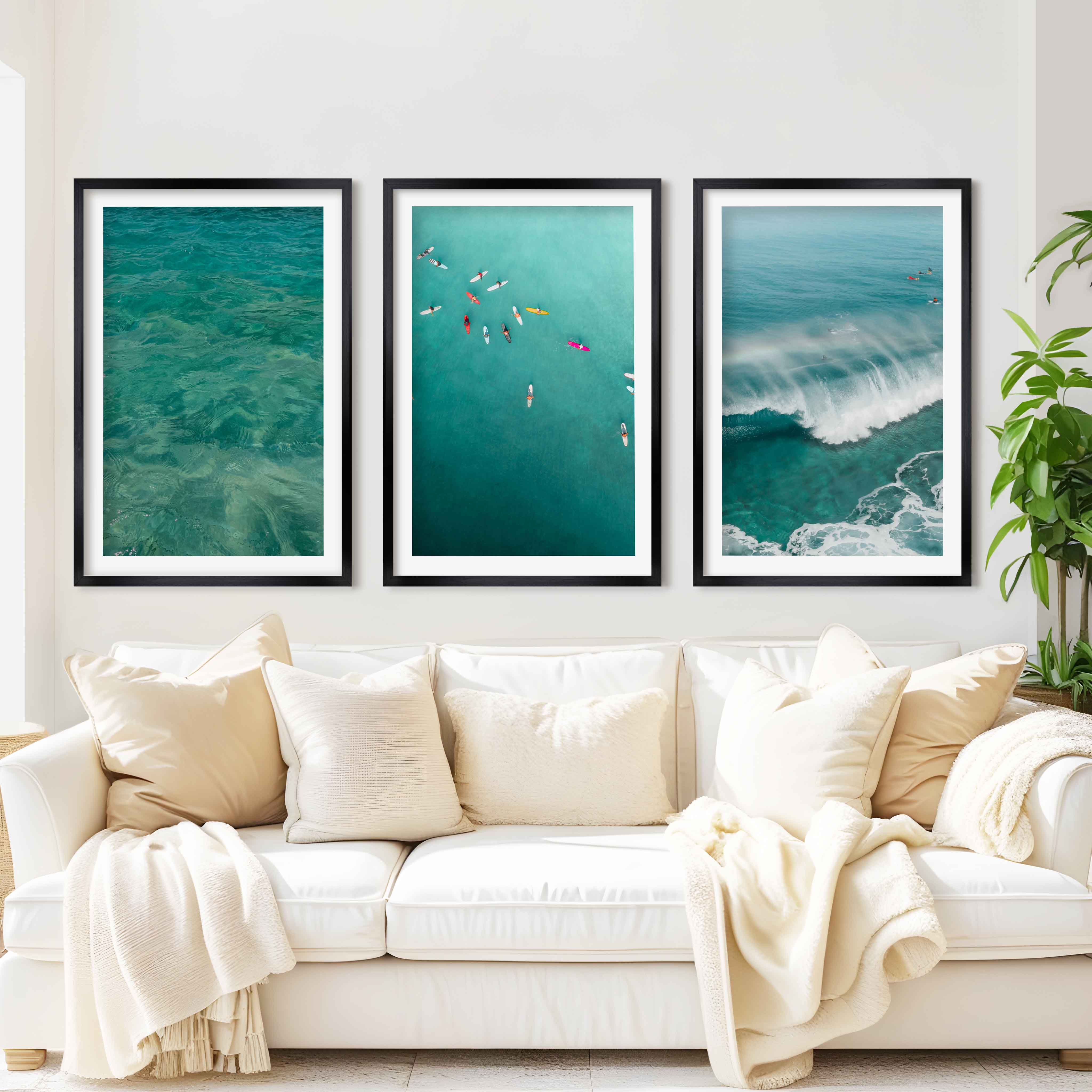 Beach Themed Art Prints – Ocean Wave, Rainbow Surf, Coastal Calm (Set of 3) - Black Framed Poster with White Border - Artworksets