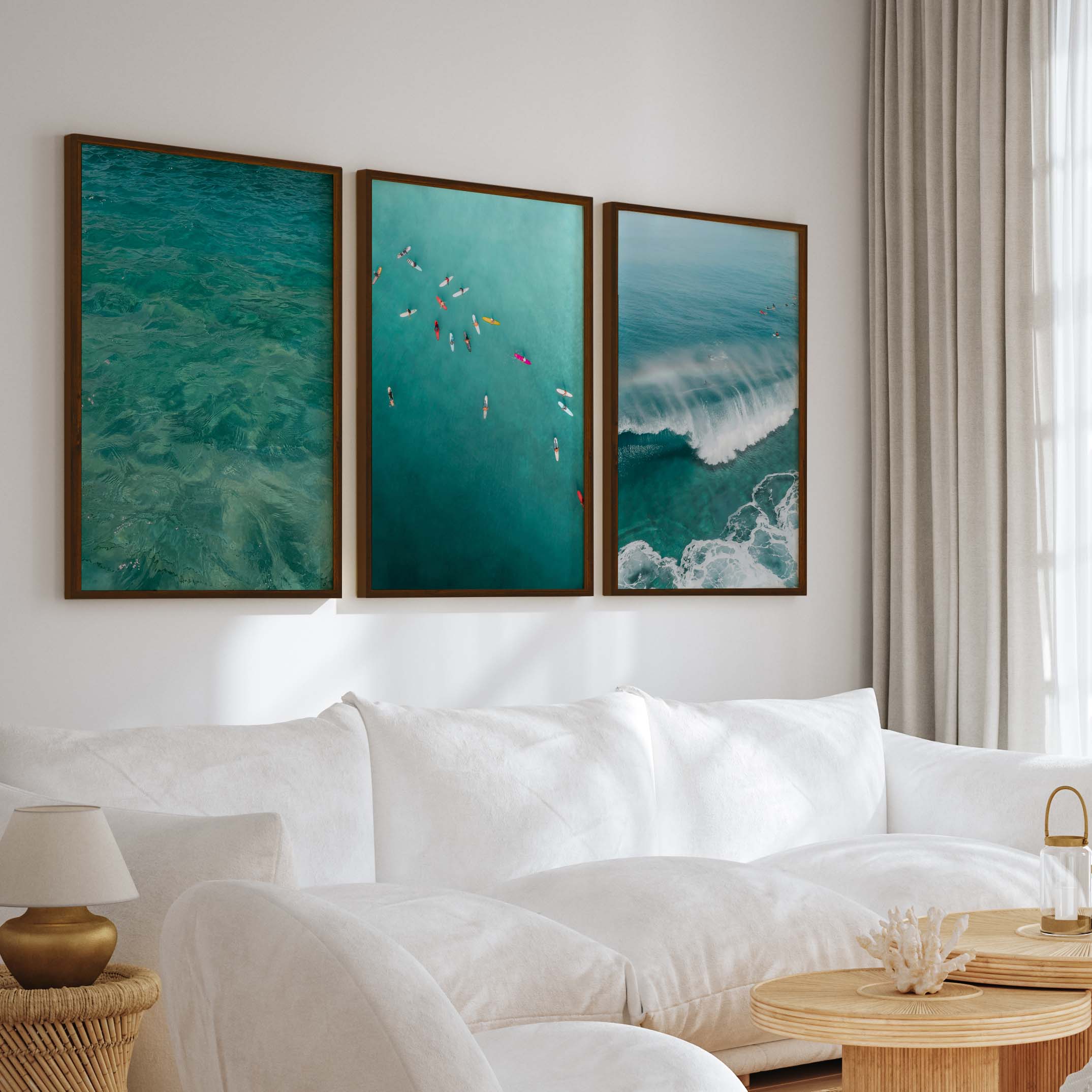 Beach Themed Art Prints – Ocean Wave, Rainbow Surf, Coastal Calm (Set of 3) - Dark Brown Framed Poster No Border - Artworksets