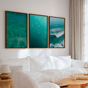 Beach Themed Art Prints – Ocean Wave, Rainbow Surf, Coastal Calm (Set of 3) - Dark Brown Framed Poster No Border - Artworksets