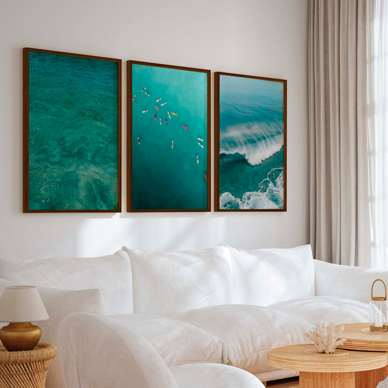 Beach Themed Art Prints – Ocean Wave, Rainbow Surf, Coastal Calm (Set of 3) - Dark Brown Framed Poster No Border - Artworksets