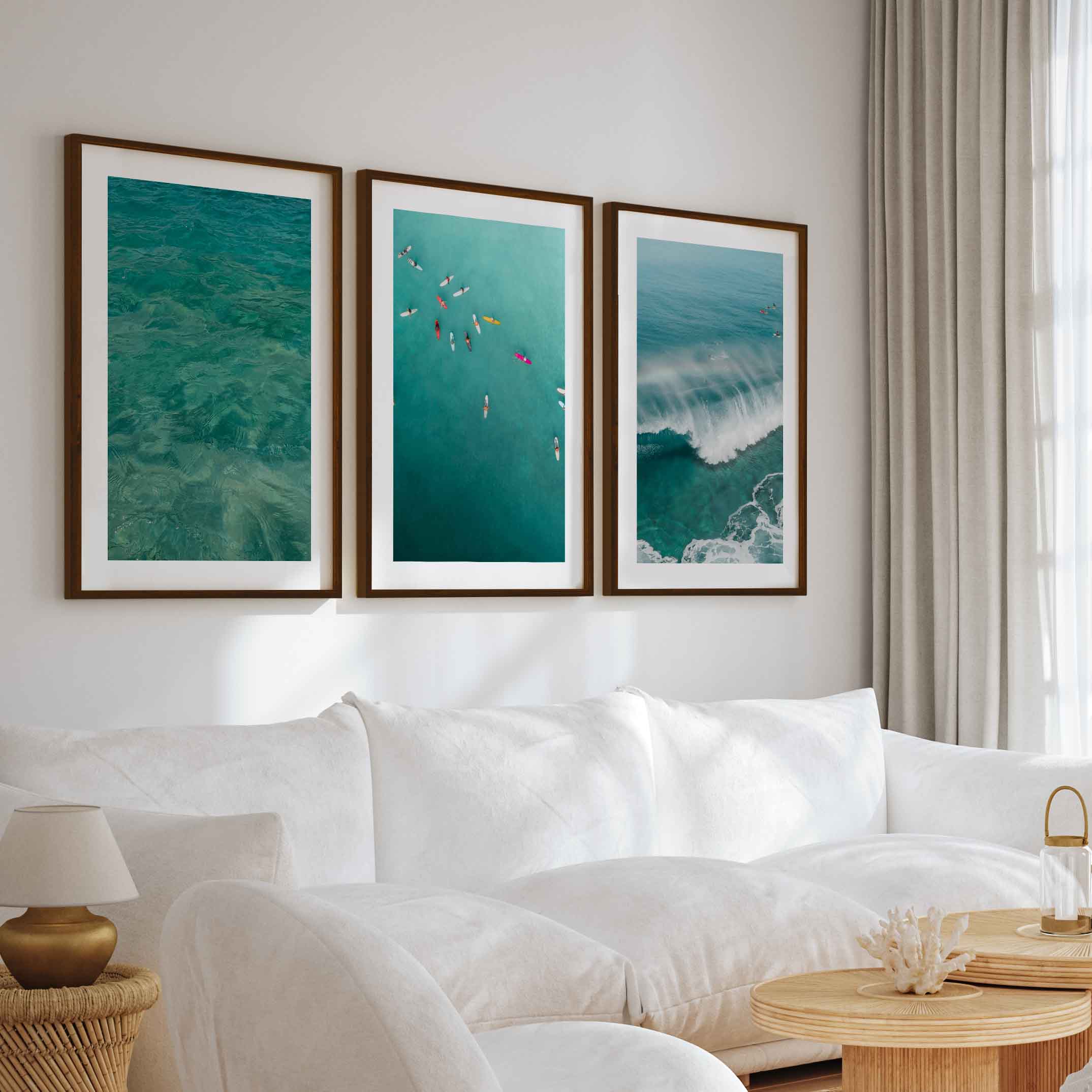 Beach Themed Art Prints – Ocean Wave, Rainbow Surf, Coastal Calm (Set of 3) - Dark Brown Framed Poster with White Border - Artworksets