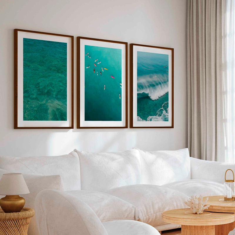 Beach Themed Art Prints – Ocean Wave, Rainbow Surf, Coastal Calm (Set of 3) - Dark Brown Framed Poster with White Border - Artworksets