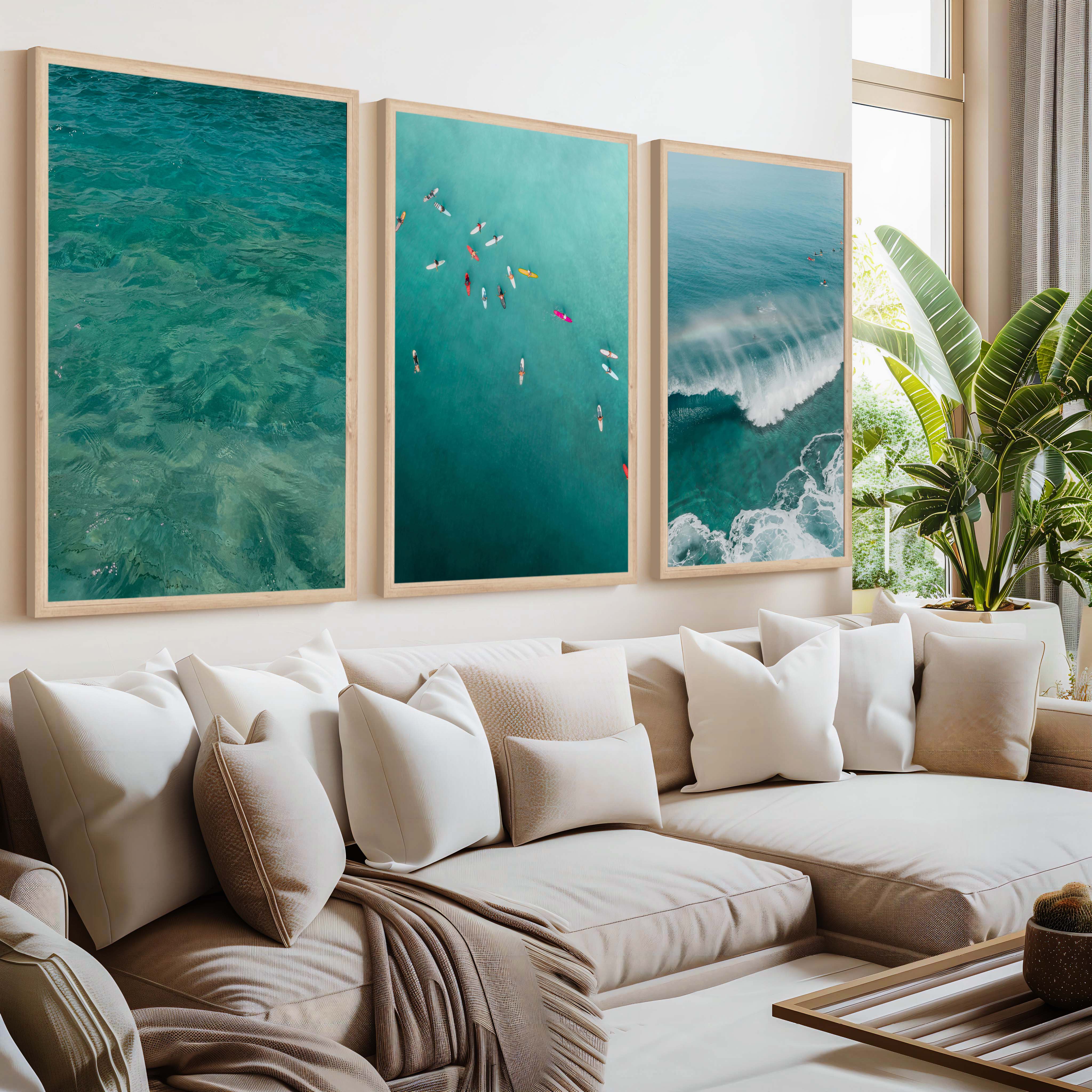 Beach Themed Art Prints – Ocean Wave, Rainbow Surf, Coastal Calm (Set of 3) - Natural Wood Framed Poster No Border - Artworksets