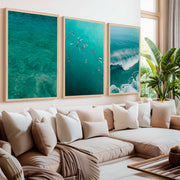 Beach Themed Art Prints – Ocean Wave, Rainbow Surf, Coastal Calm (Set of 3) - Natural Wood Framed Poster No Border - Artworksets