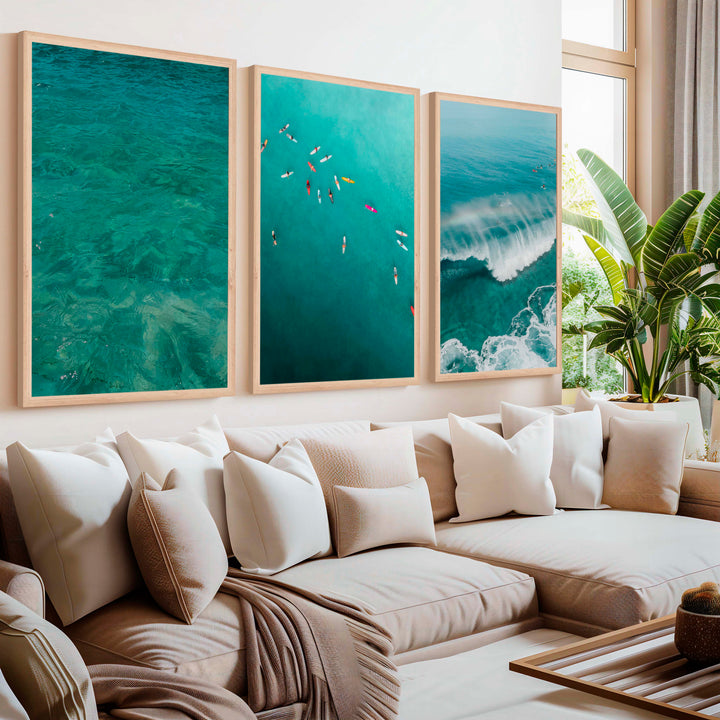 Beach Themed Art Prints – Ocean Wave, Rainbow Surf, Coastal Calm (Set of 3) - Natural Wood Framed Poster No Border - Artworksets