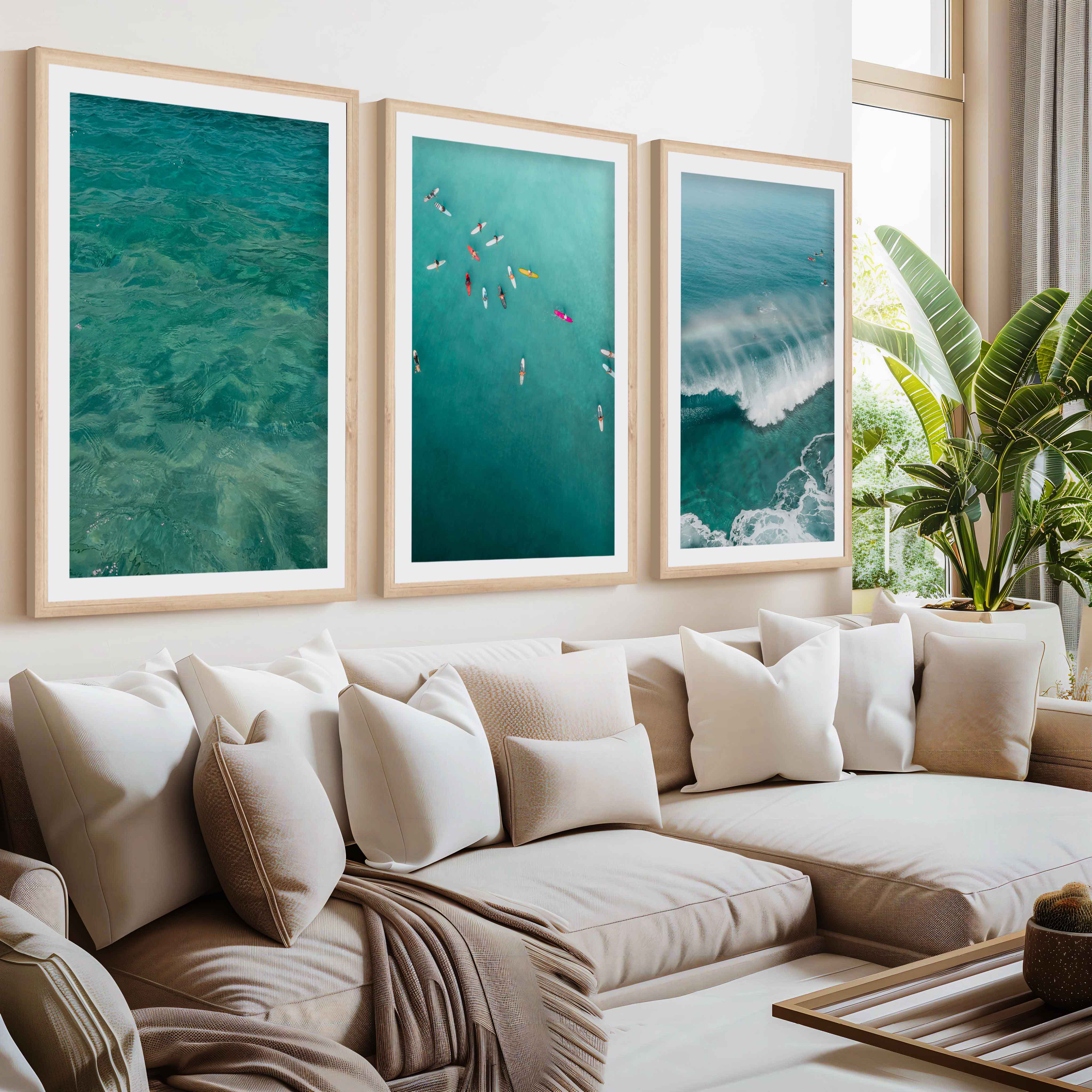 Beach Themed Art Prints – Ocean Wave, Rainbow Surf, Coastal Calm (Set of 3)- Natural Wood Framed Poster with White Border - Artworksets