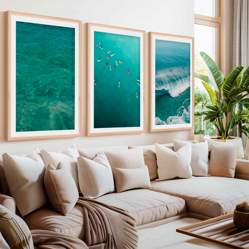 Beach Themed Art Prints – Ocean Wave, Rainbow Surf, Coastal Calm (Set of 3)- Natural Wood Framed Poster with White Border - Artworksets