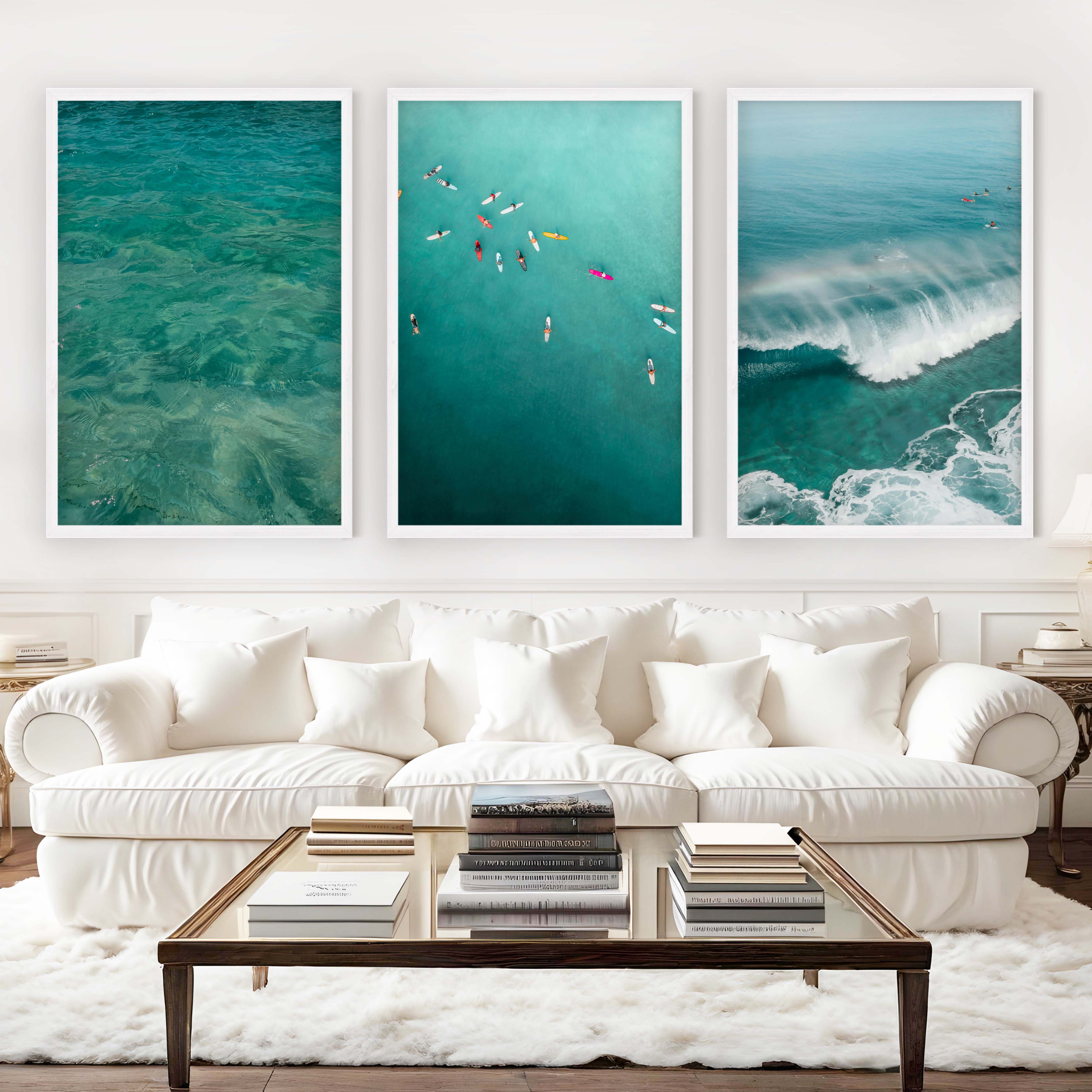 Beach Themed Art Prints – Ocean Wave, Rainbow Surf, Coastal Calm (Set of 3) - White Framed Poster No Border - Artworksets