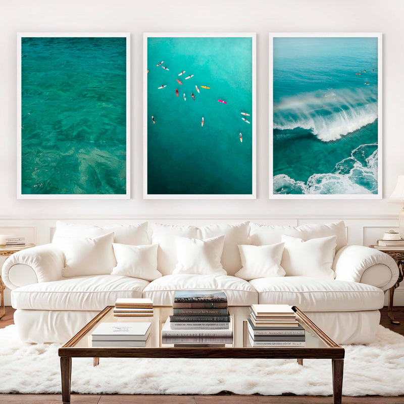 Beach Themed Art Prints – Ocean Wave, Rainbow Surf, Coastal Calm (Set of 3) - White Framed Poster No Border - Artworksets