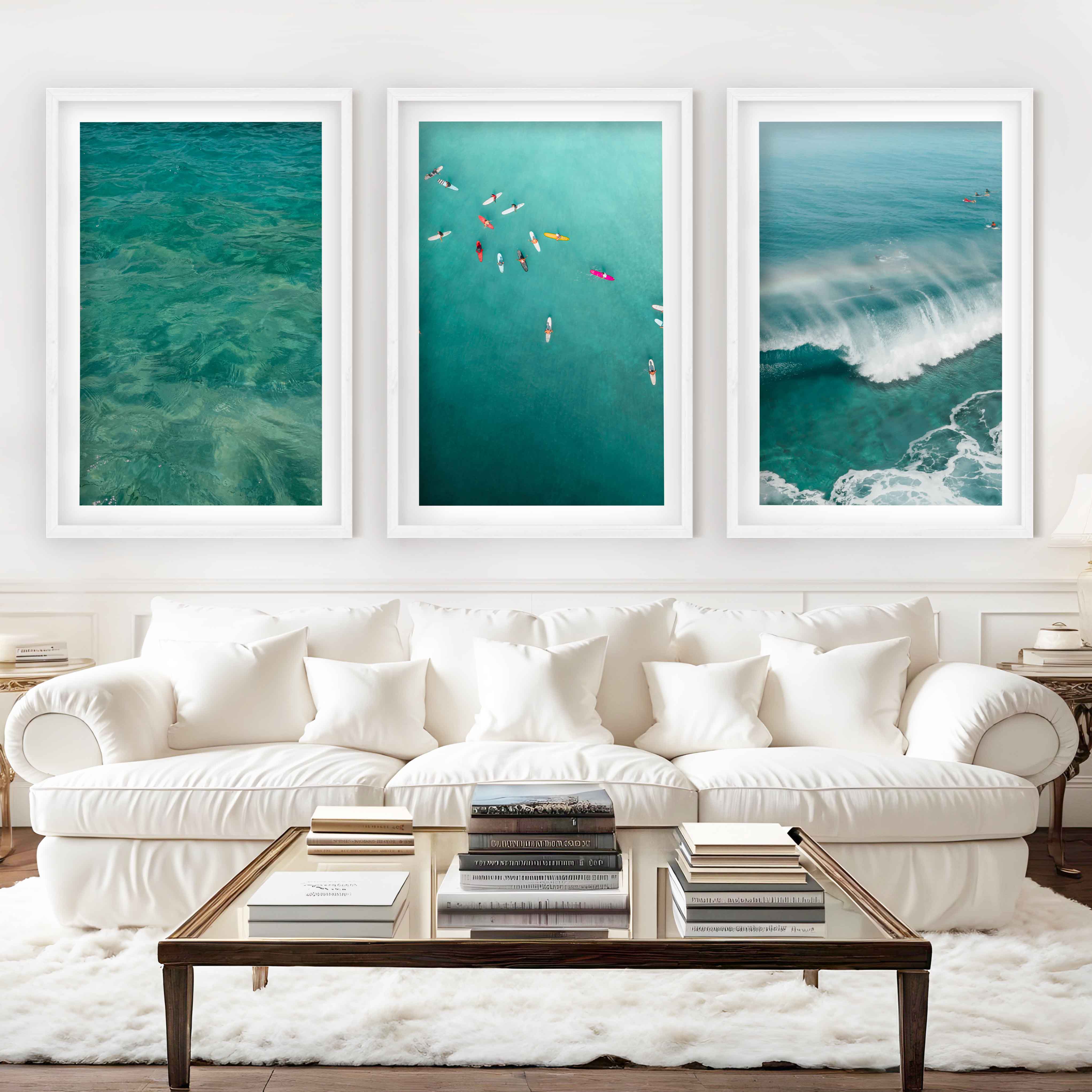 Beach Themed Art Prints – Ocean Wave, Rainbow Surf, Coastal Calm (Set of 3) - White Framed Poster with White Border - Artworksets