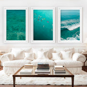 Beach Themed Art Prints – Ocean Wave, Rainbow Surf, Coastal Calm (Set of 3) - White Framed Poster with White Border - Artworksets