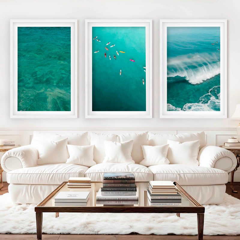 Beach Themed Art Prints – Ocean Wave, Rainbow Surf, Coastal Calm (Set of 3) - White Framed Poster with White Border - Artworksets