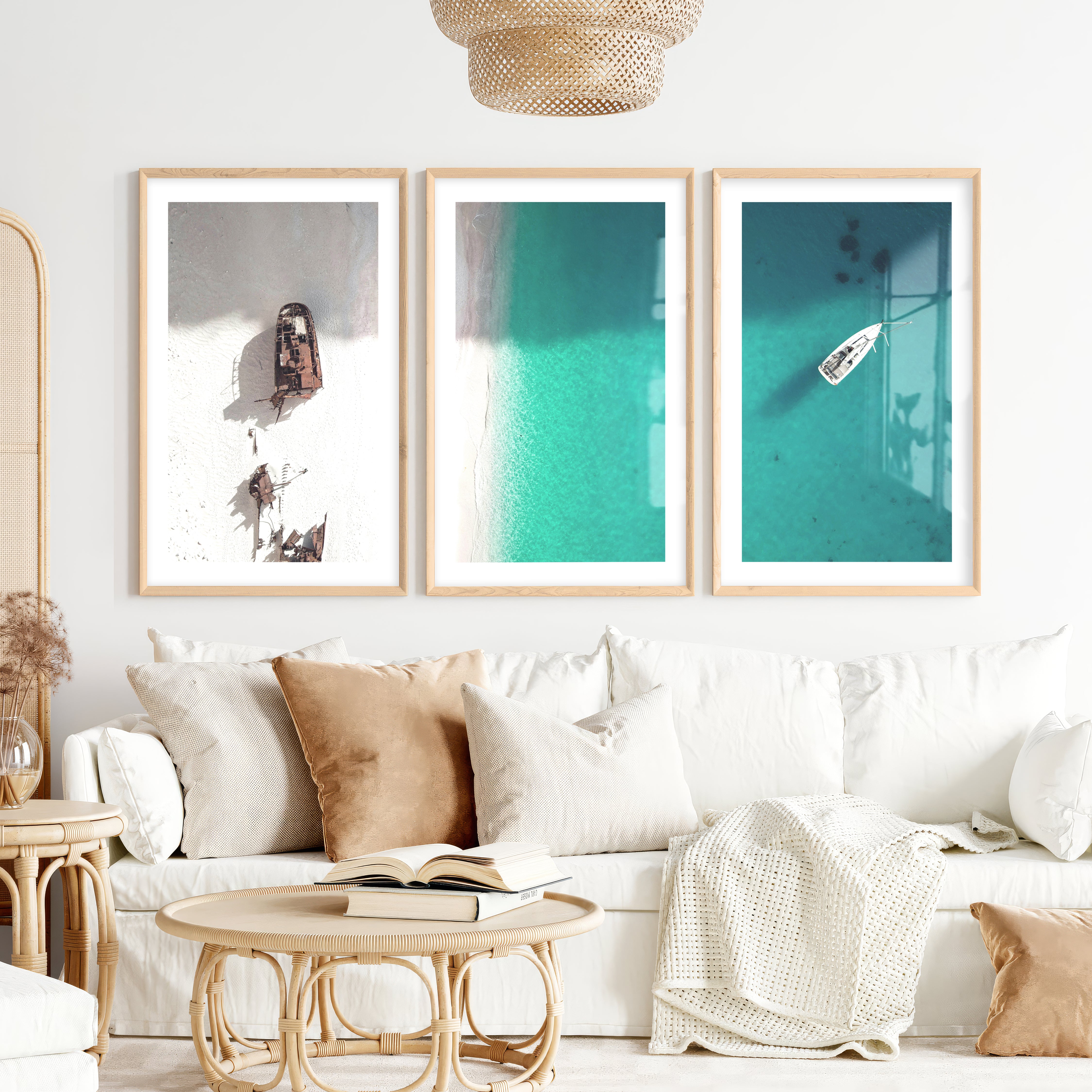 Shipwreck Shore Beach Themed Framed Art- Natural Wood Framed Poster with White Border - Artworksets