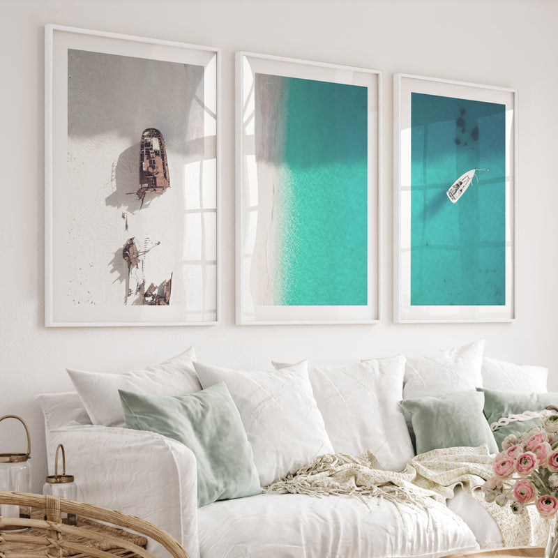 Shipwreck Shore Beach Themed Framed Art - White Framed Poster with White Border - Artworksets