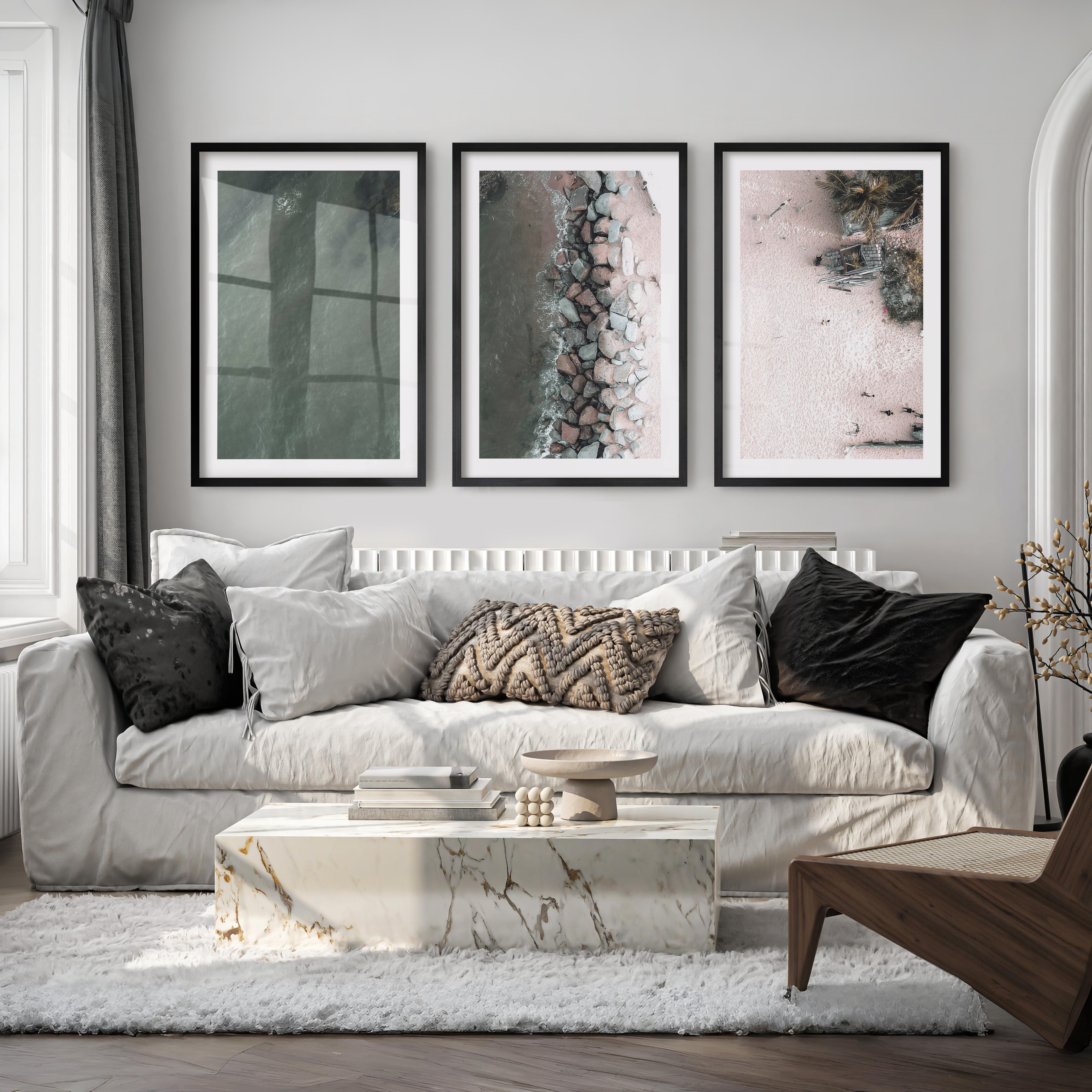 Aerial Shore beach themed prints with Rock Breakwater - Black Framed Poster with White Border - Artworksets