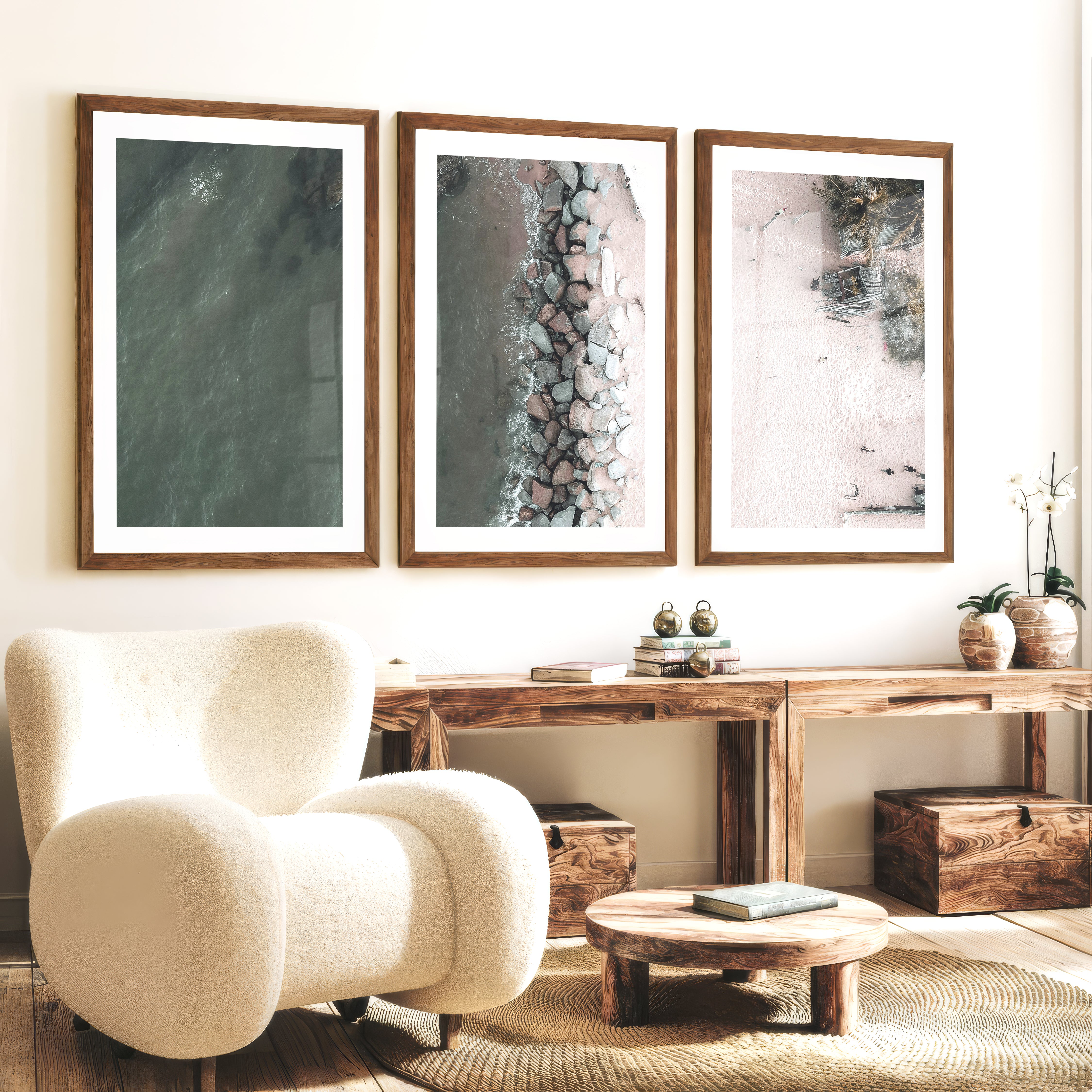 Aerial Shore beach themed prints with Rock Breakwater - Dark Brown Framed Poster with White Border - Artworksets