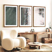 Aerial Shore beach themed prints with Rock Breakwater - Dark Brown Framed Poster with White Border - Artworksets