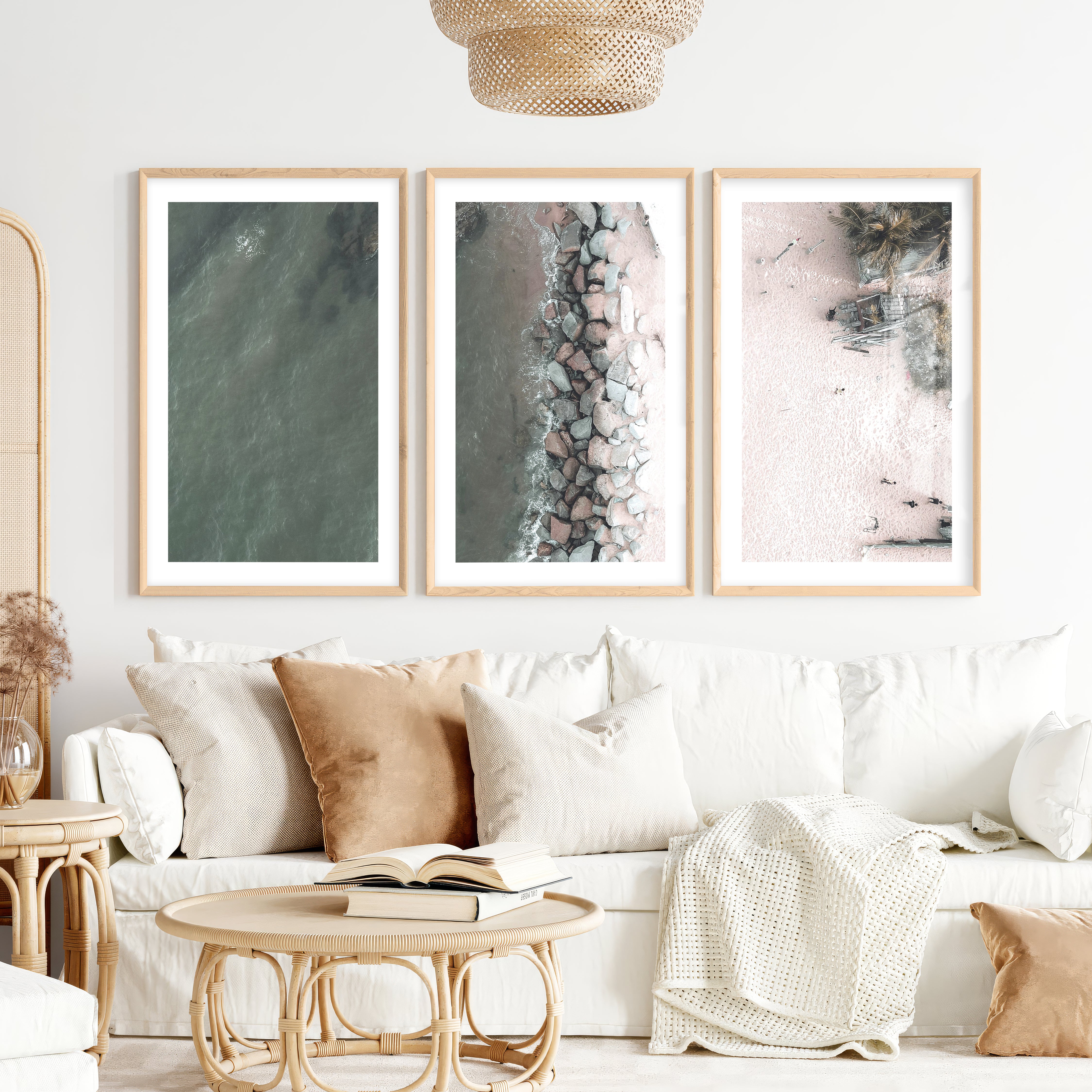 Aerial Shore beach themed prints with Rock Breakwater- Natural Wood Framed Poster with White Border - Artworksets