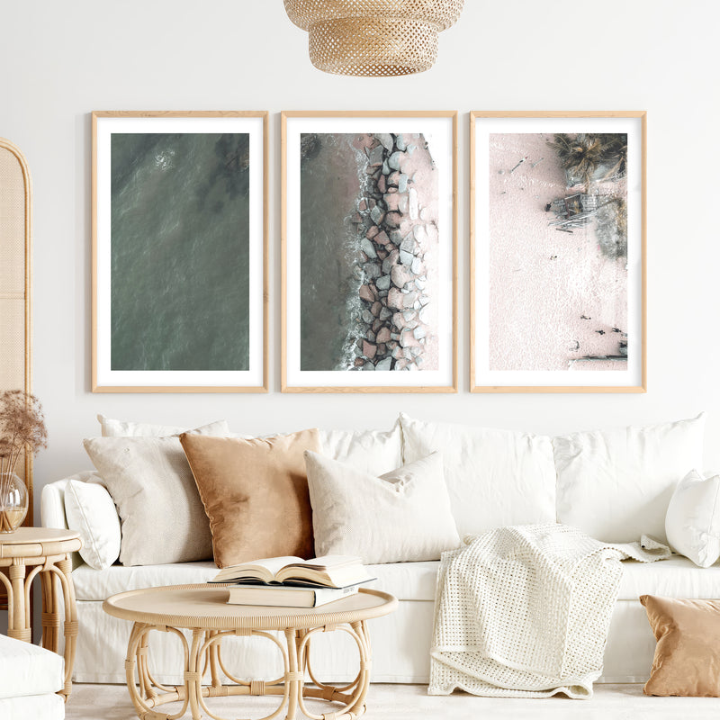 Aerial Shore beach themed prints with Rock Breakwater- Natural Wood Framed Poster with White Border - Artworksets