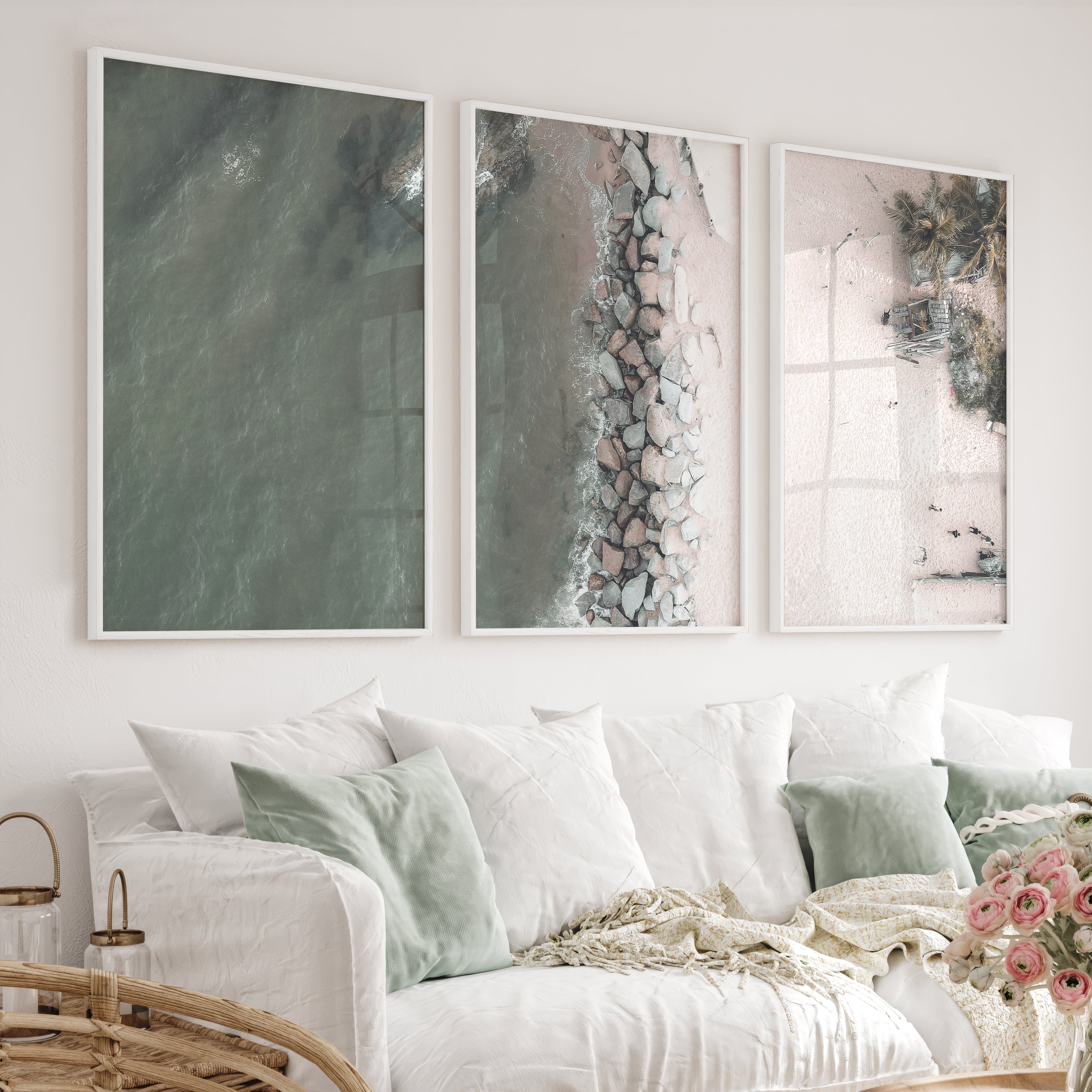 Aerial Shore beach themed prints with Rock Breakwater - White Framed Poster No Border - Artworksets