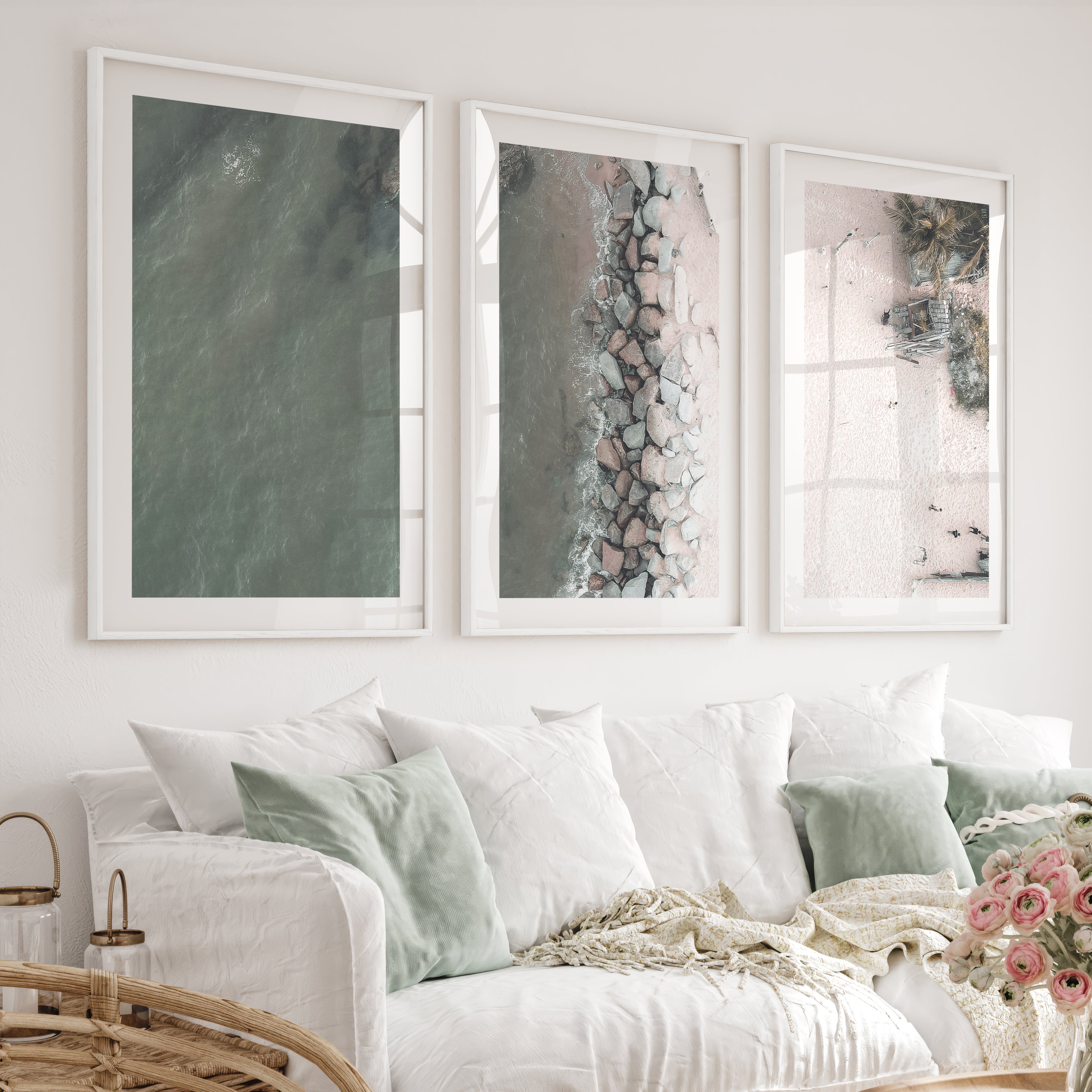 Aerial Shore beach themed prints with Rock Breakwater - White Framed Poster with White Border - Artworksets