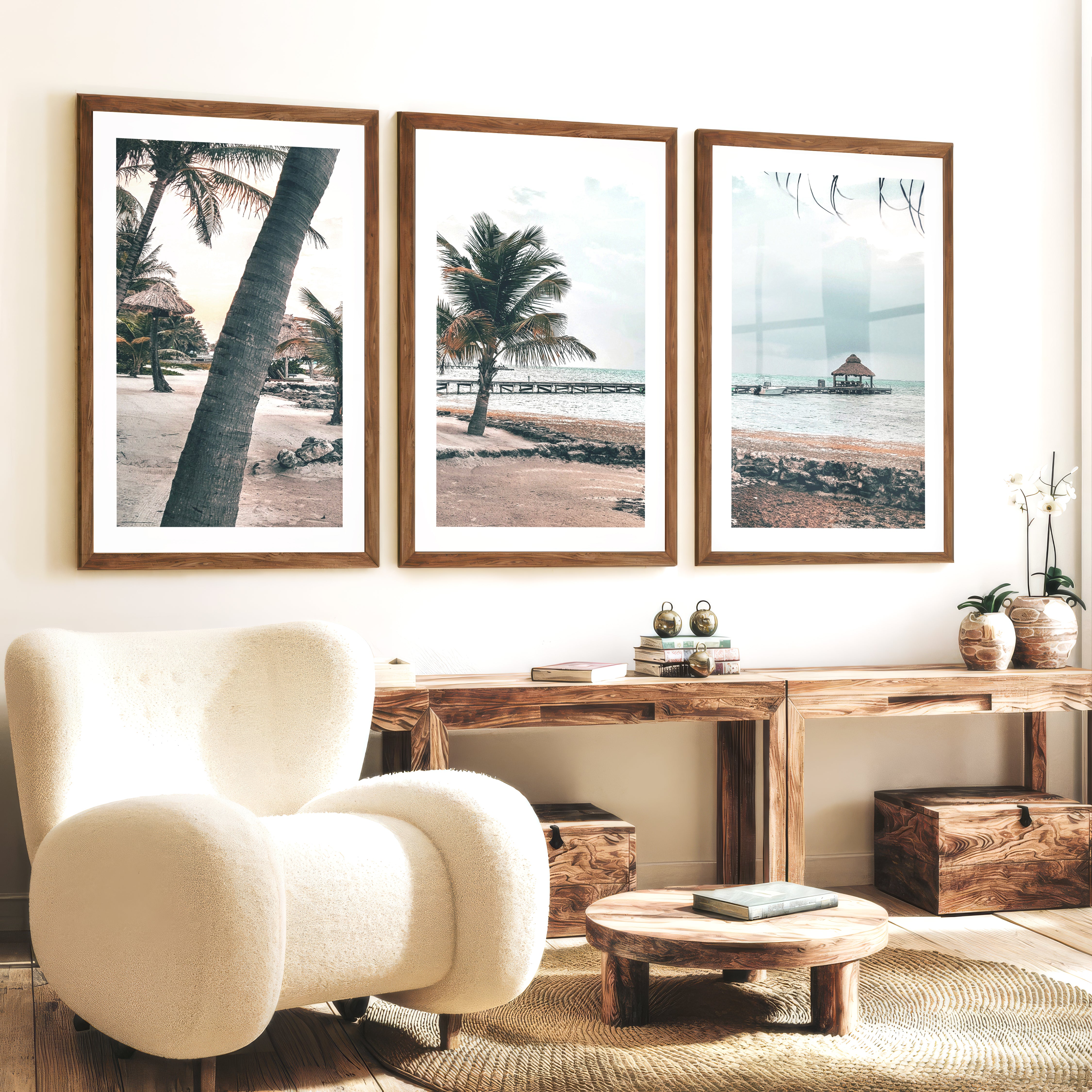 Palm Pier beach themed prints - Dark Brown Framed Poster with White Border - Artworksets