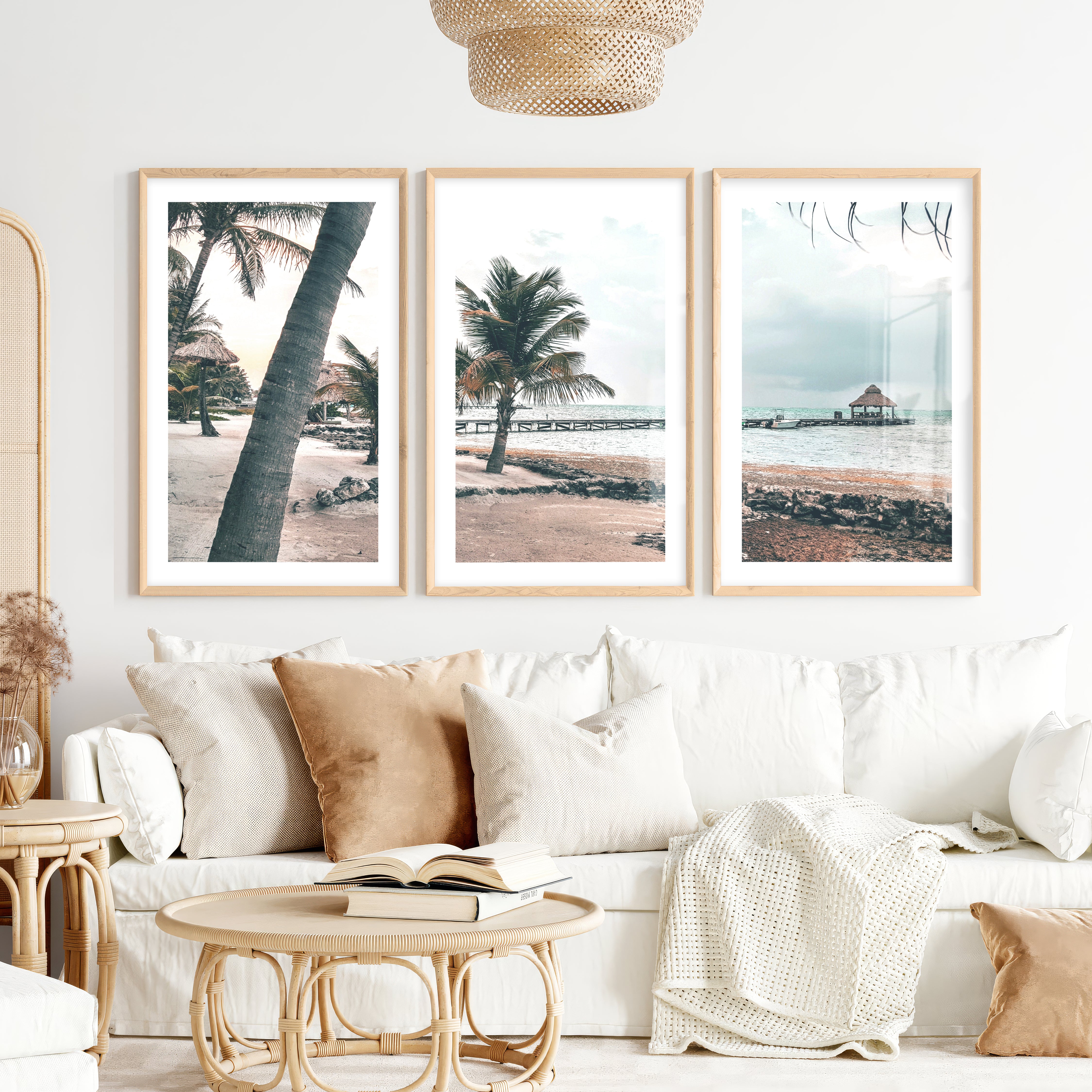 Palm Pier beach themed prints- Natural Wood Framed Poster with White Border - Artworksets