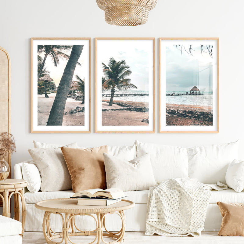 Palm Pier beach themed prints- Natural Wood Framed Poster with White Border - Artworksets