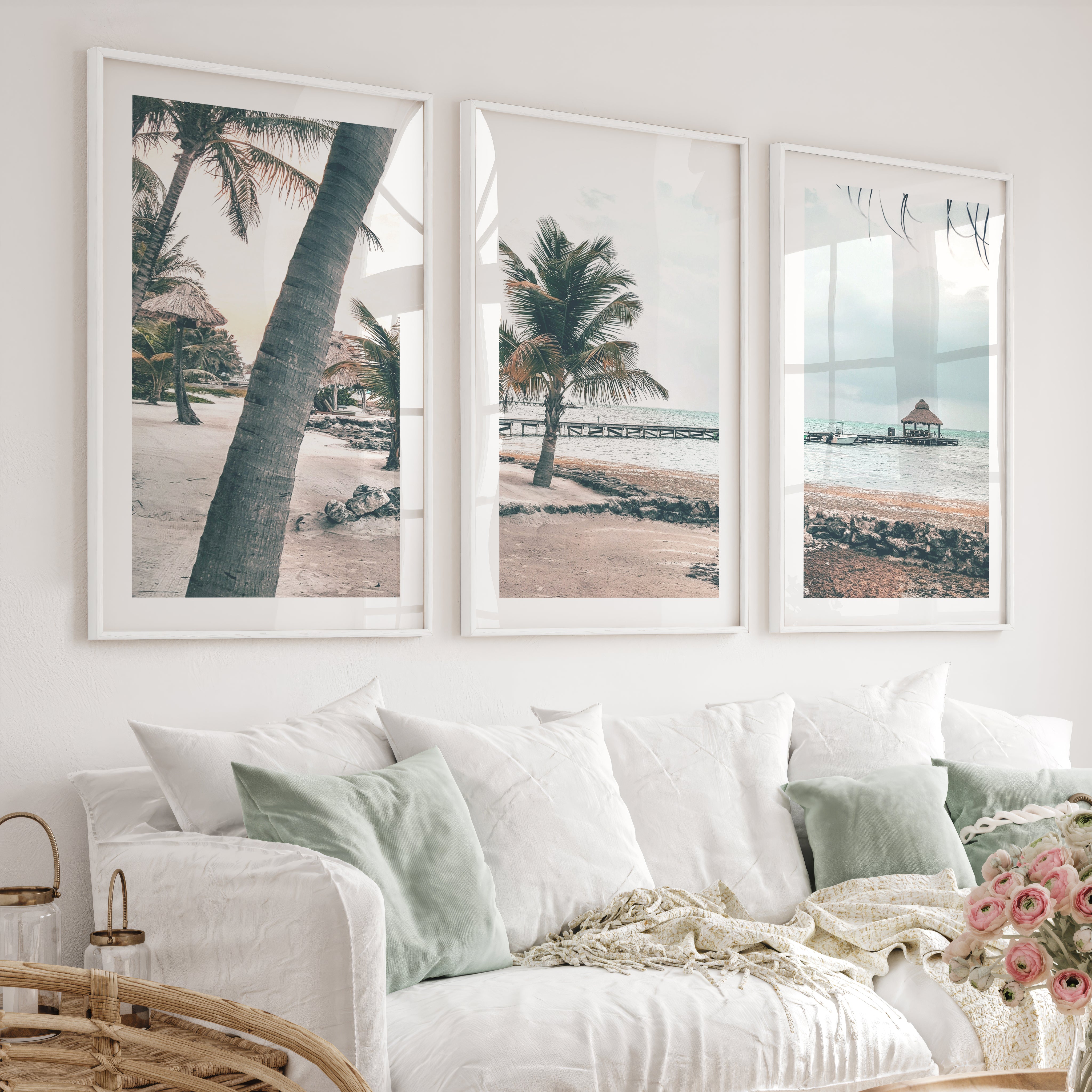 Palm Pier beach themed prints - White Framed Poster with White Border - Artworksets