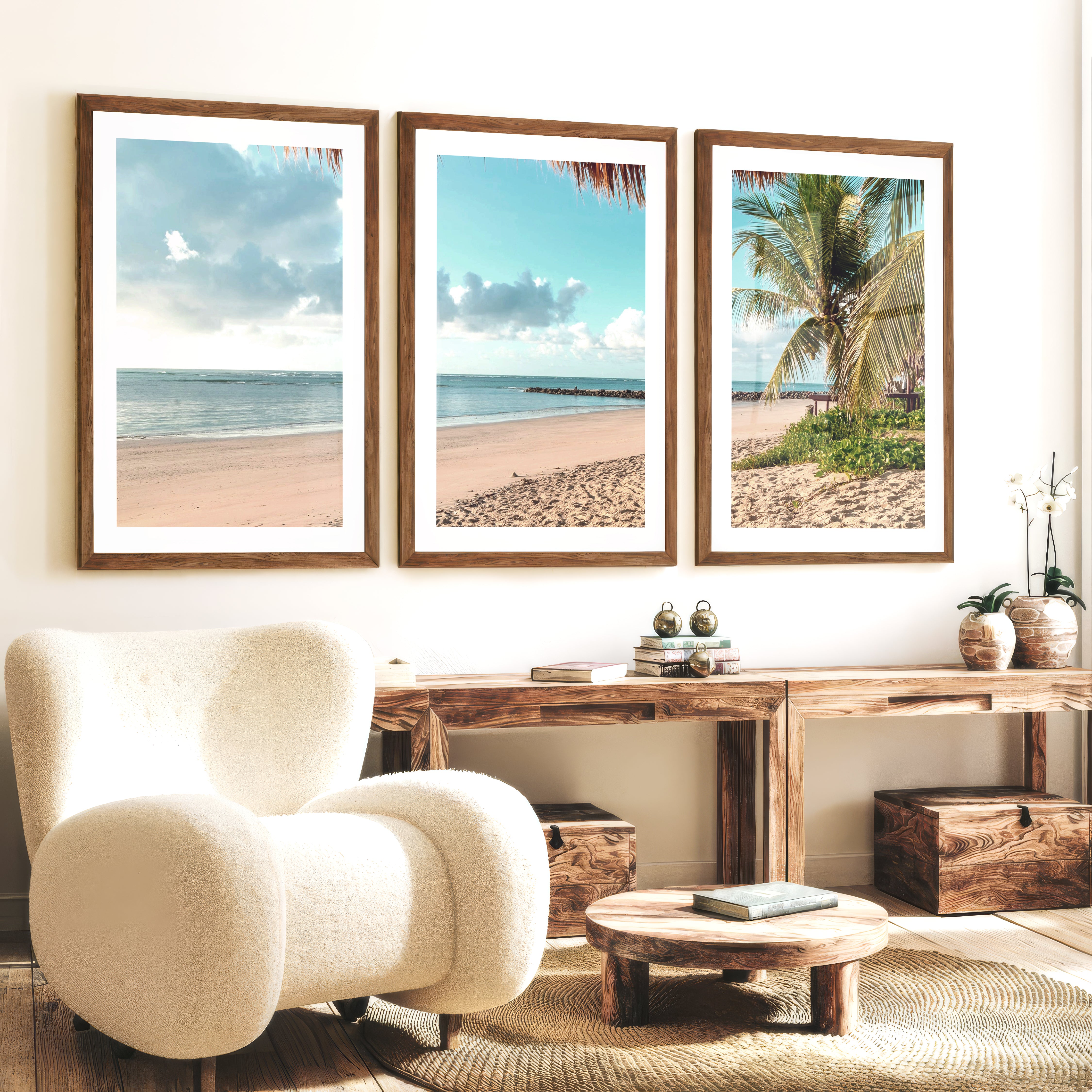 Palm-Framed Beach Themed Wall Art - Dark Brown Framed Poster with White Border - Artworksets