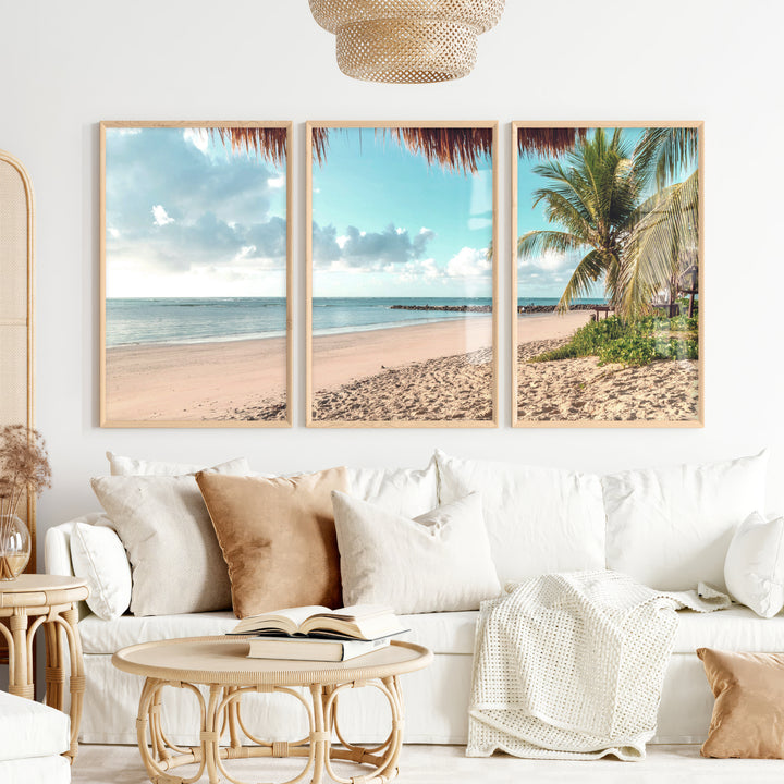 Palm-Framed Beach Themed Wall Art - Natural Wood Framed Poster No Border - Artworksets
