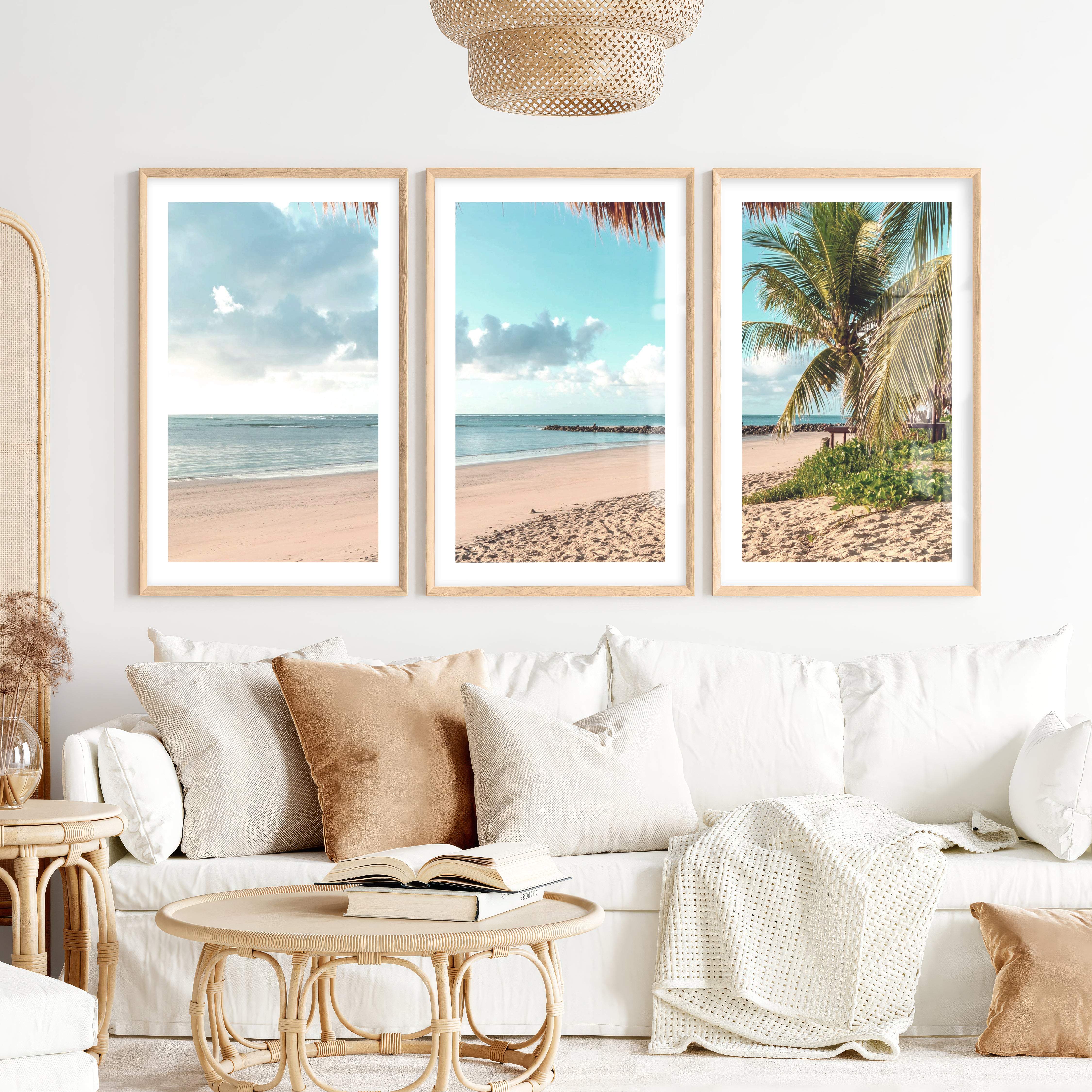 Palm-Framed Beach Themed Wall Art- Natural Wood Framed Poster with White Border - Artworksets