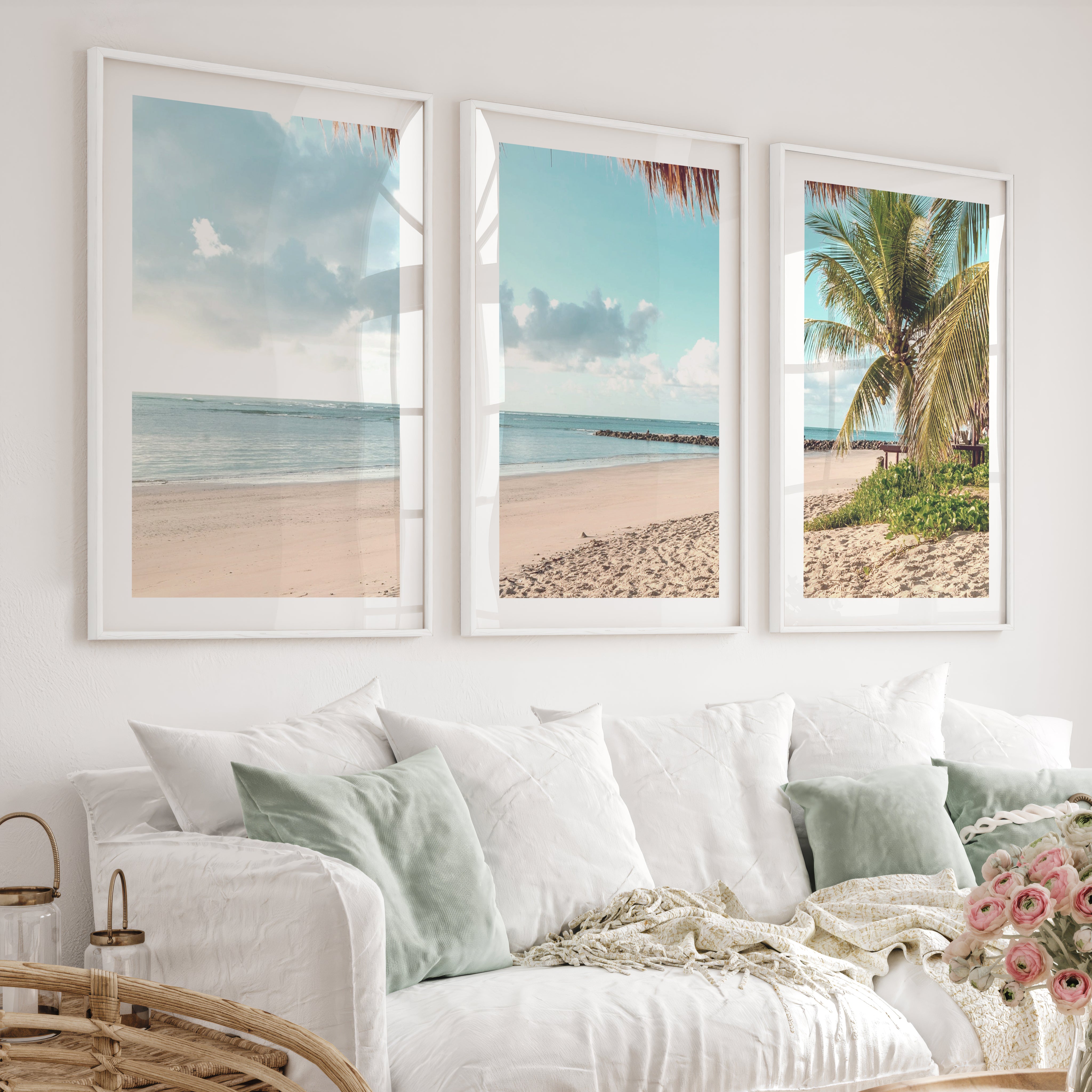 Palm-Framed Beach Themed Wall Art - White Framed Poster with White Border - Artworksets