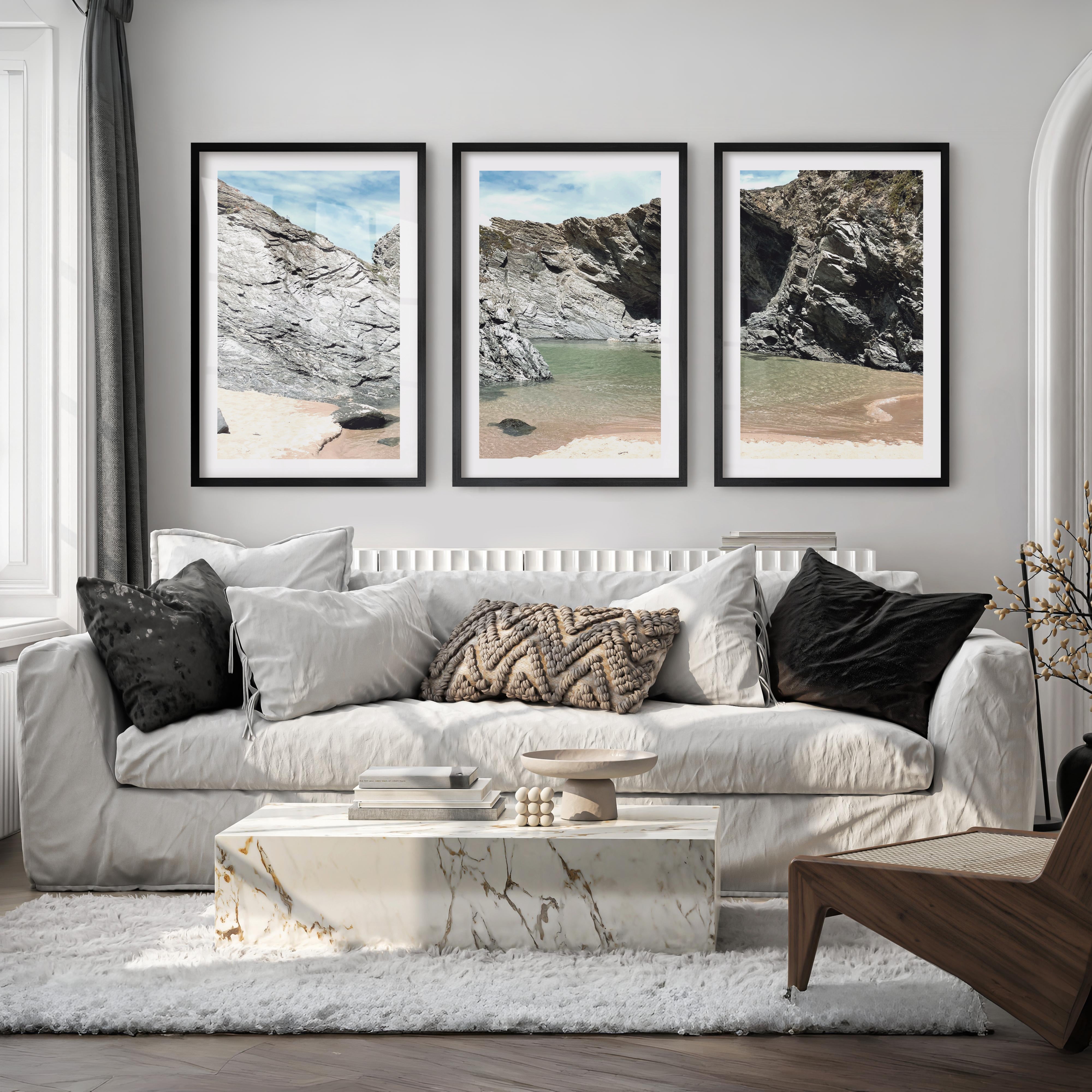 Rocky Cove beach themed wall decor - Black Framed Poster with White Border - Artworksets