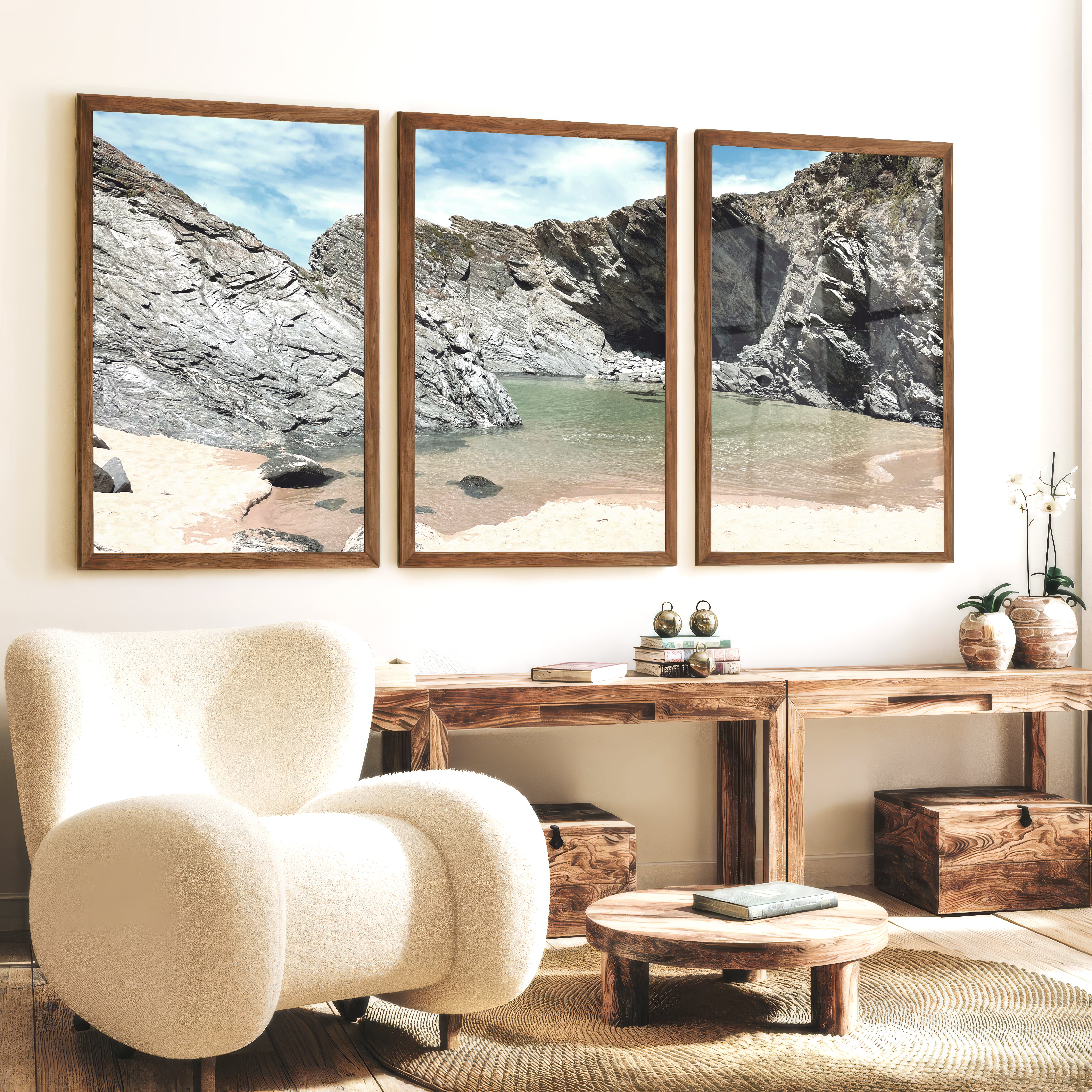 Rocky Cove beach themed wall decor - Dark Brown Framed Poster No Border - Artworksets