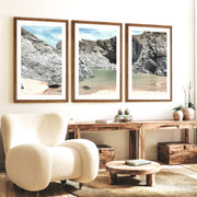 Rocky Cove beach themed wall decor - Dark Brown Framed Poster with White Border - Artworksets