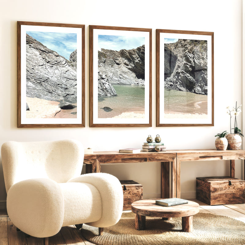 Rocky Cove beach themed wall decor - Dark Brown Framed Poster with White Border - Artworksets