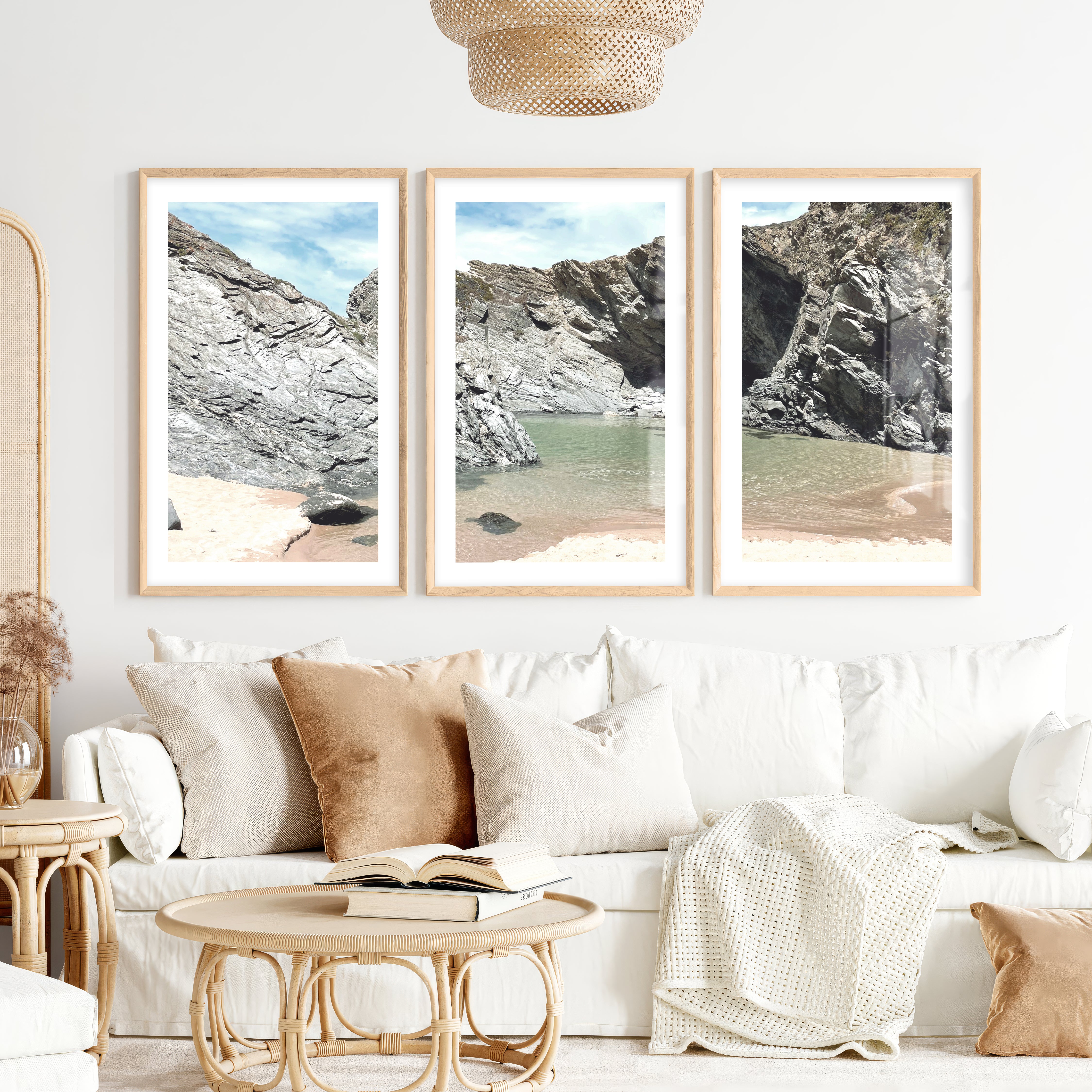 Rocky Cove beach themed wall decor- Natural Wood Framed Poster with White Border - Artworksets