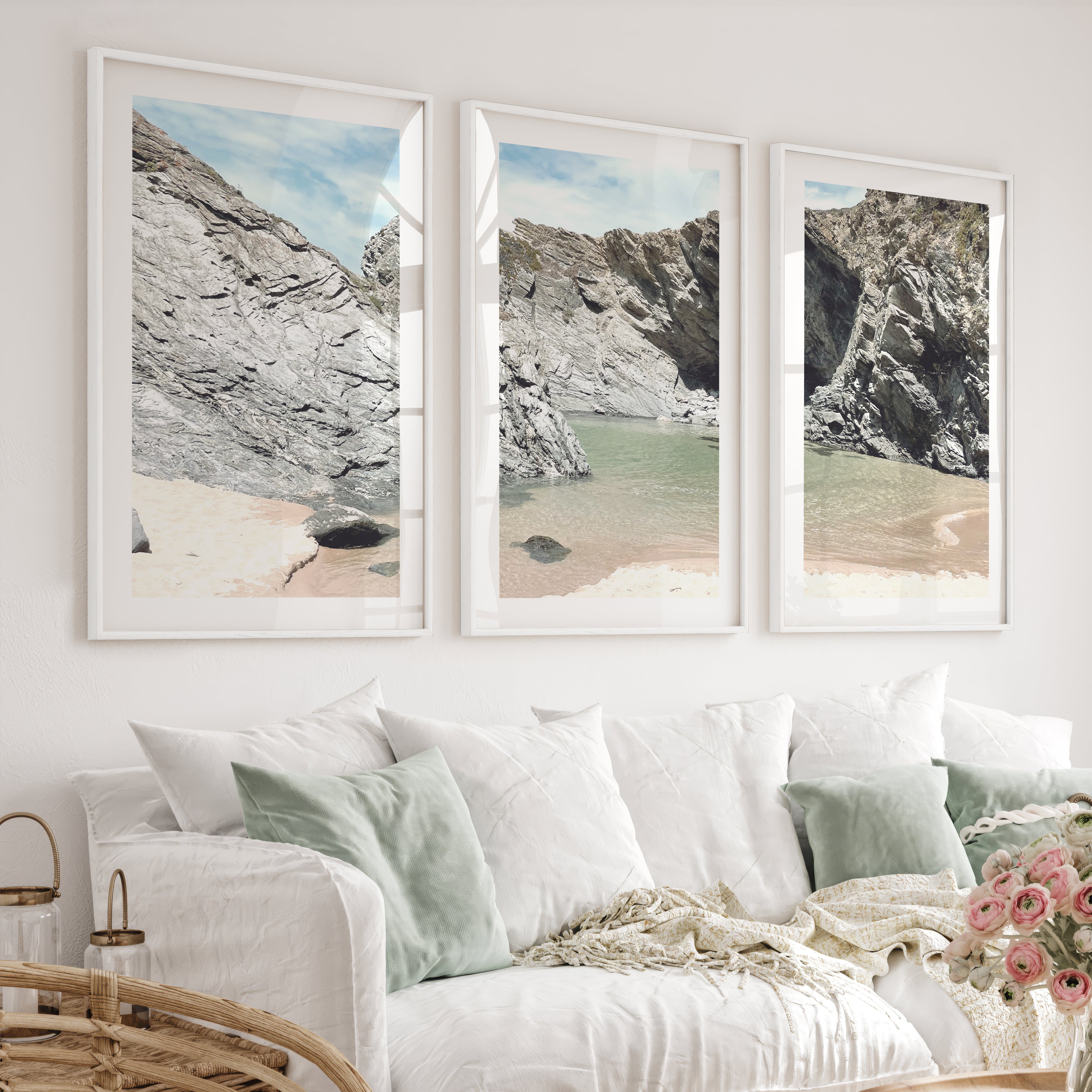 Rocky Cove beach themed wall decor - White Framed Poster with White Border - Artworksets