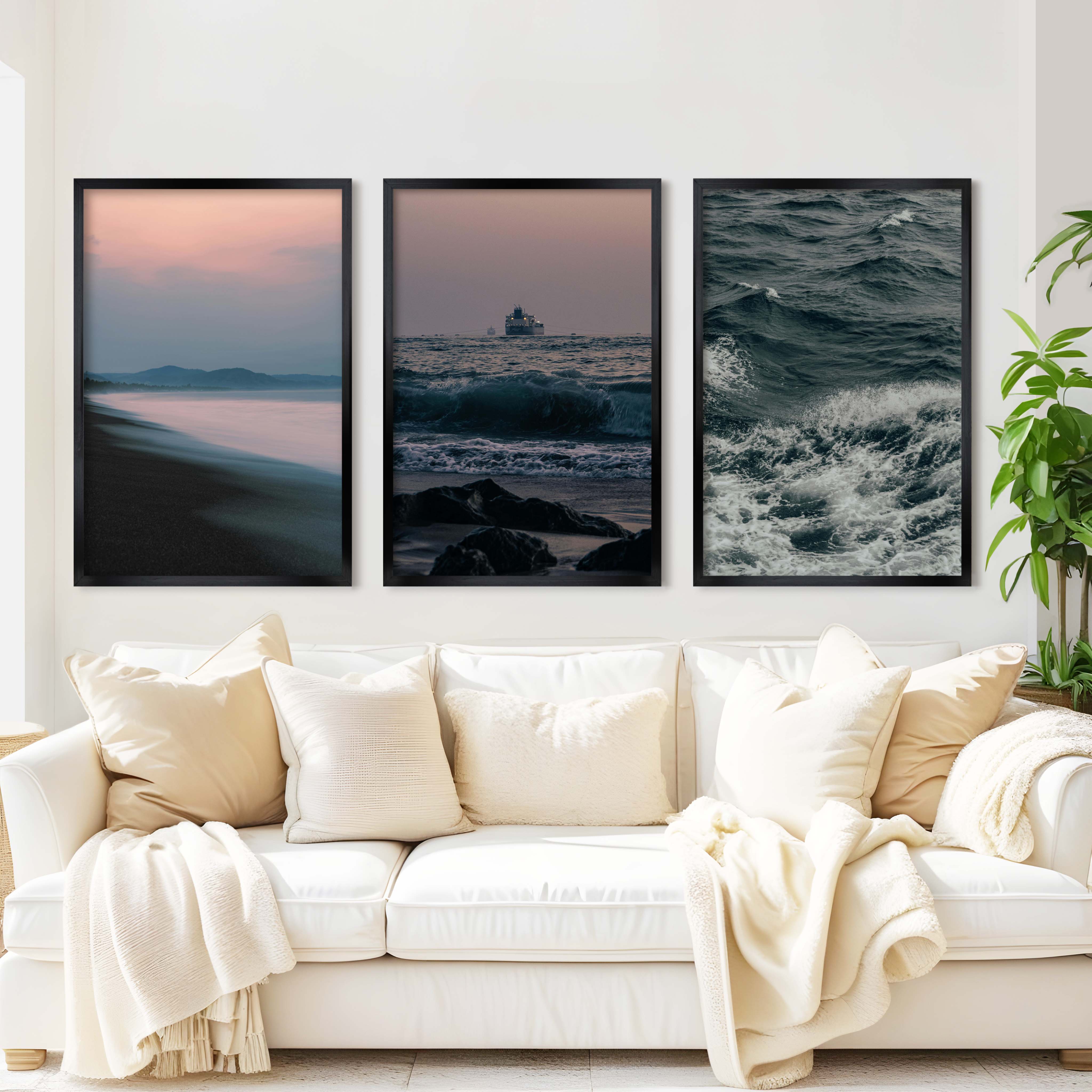 Beach Themed Wall Decor – Ocean Coast, Ship & Sandy Shore (Set of 3) - Black Framed Poster No Border - Artworksets