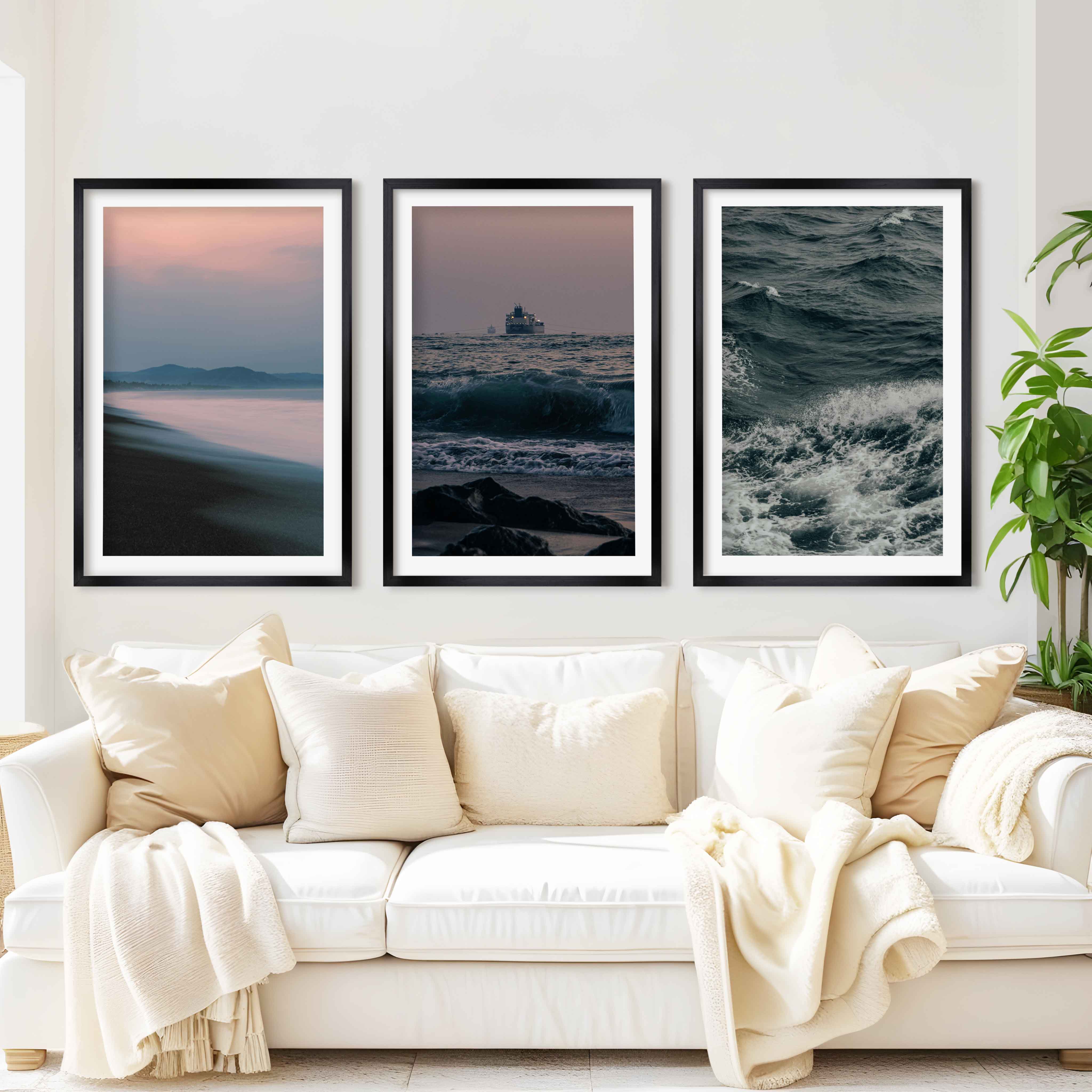Beach Themed Wall Decor – Ocean Coast, Ship & Sandy Shore (Set of 3) - Black Framed Poster with White Border - Artworksets