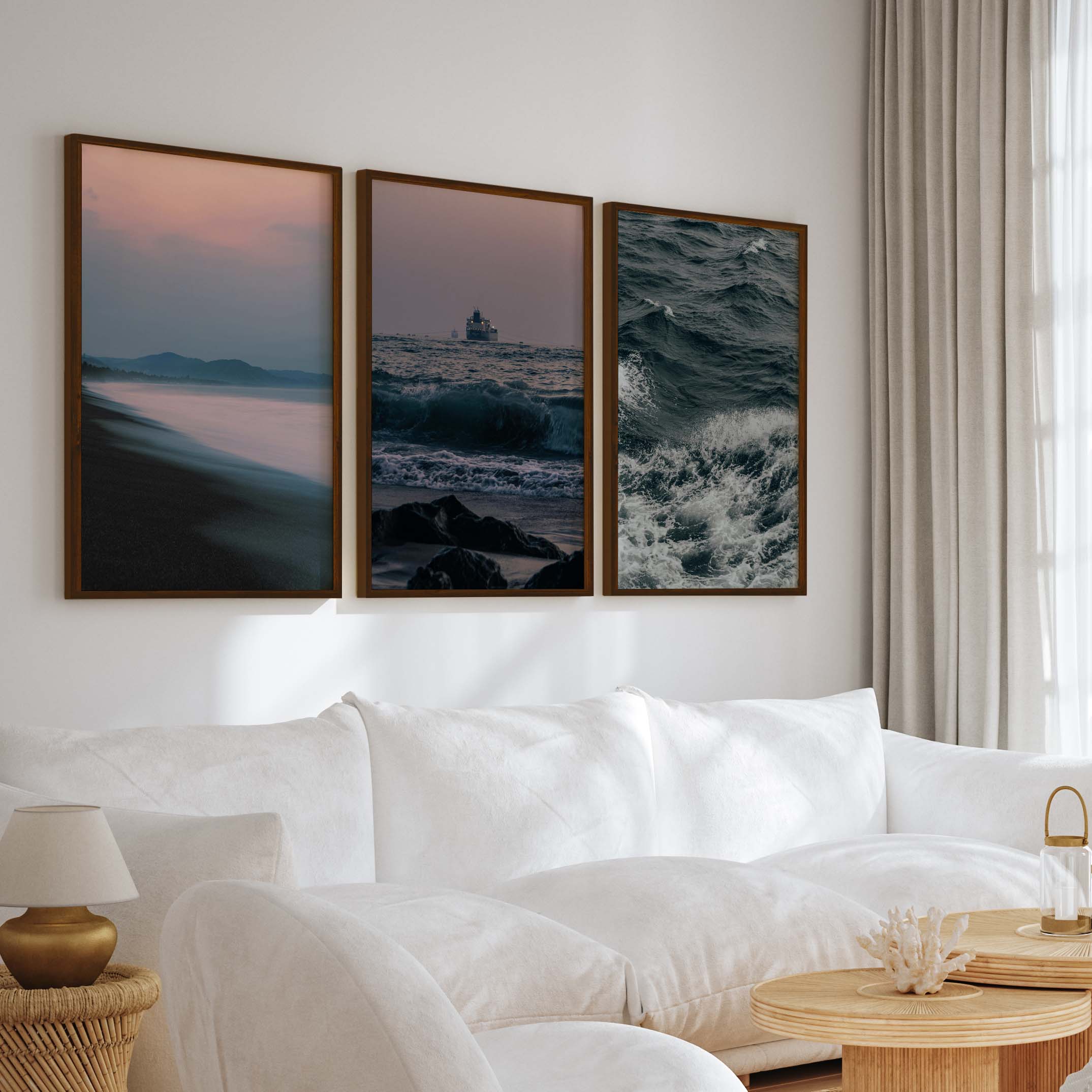 Beach Themed Wall Decor – Ocean Coast, Ship & Sandy Shore (Set of 3) - Dark Brown Framed Poster No Border - Artworksets