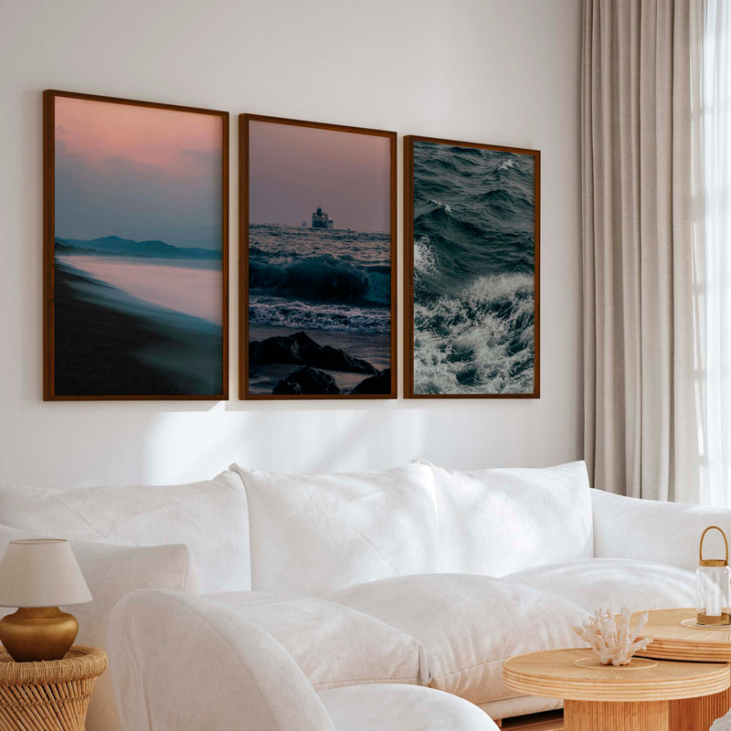 Beach Themed Wall Decor – Ocean Coast, Ship & Sandy Shore (Set of 3) - Dark Brown Framed Poster No Border - Artworksets