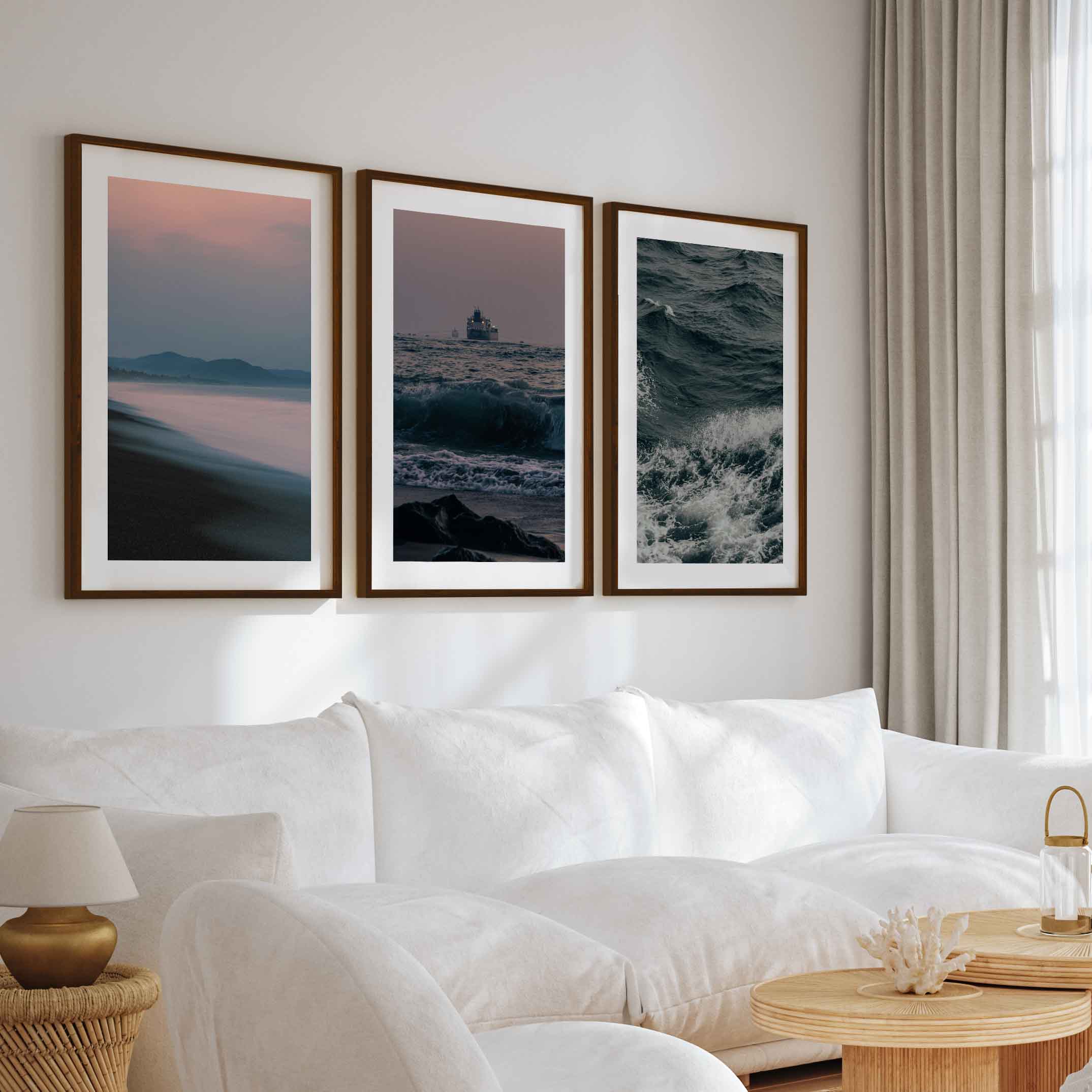 Beach Themed Wall Decor – Ocean Coast, Ship & Sandy Shore (Set of 3) - Dark Brown Framed Poster with White Border - Artworksets