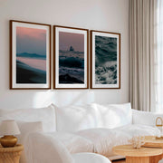 Beach Themed Wall Decor – Ocean Coast, Ship & Sandy Shore (Set of 3) - Dark Brown Framed Poster with White Border - Artworksets