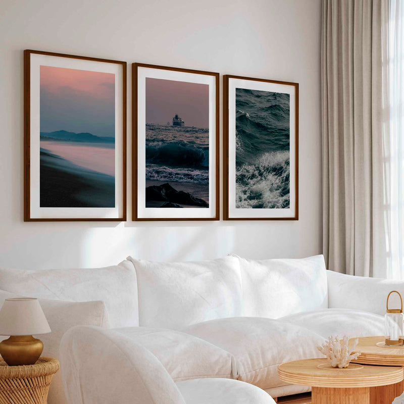 Beach Themed Wall Decor – Ocean Coast, Ship & Sandy Shore (Set of 3) - Dark Brown Framed Poster with White Border - Artworksets