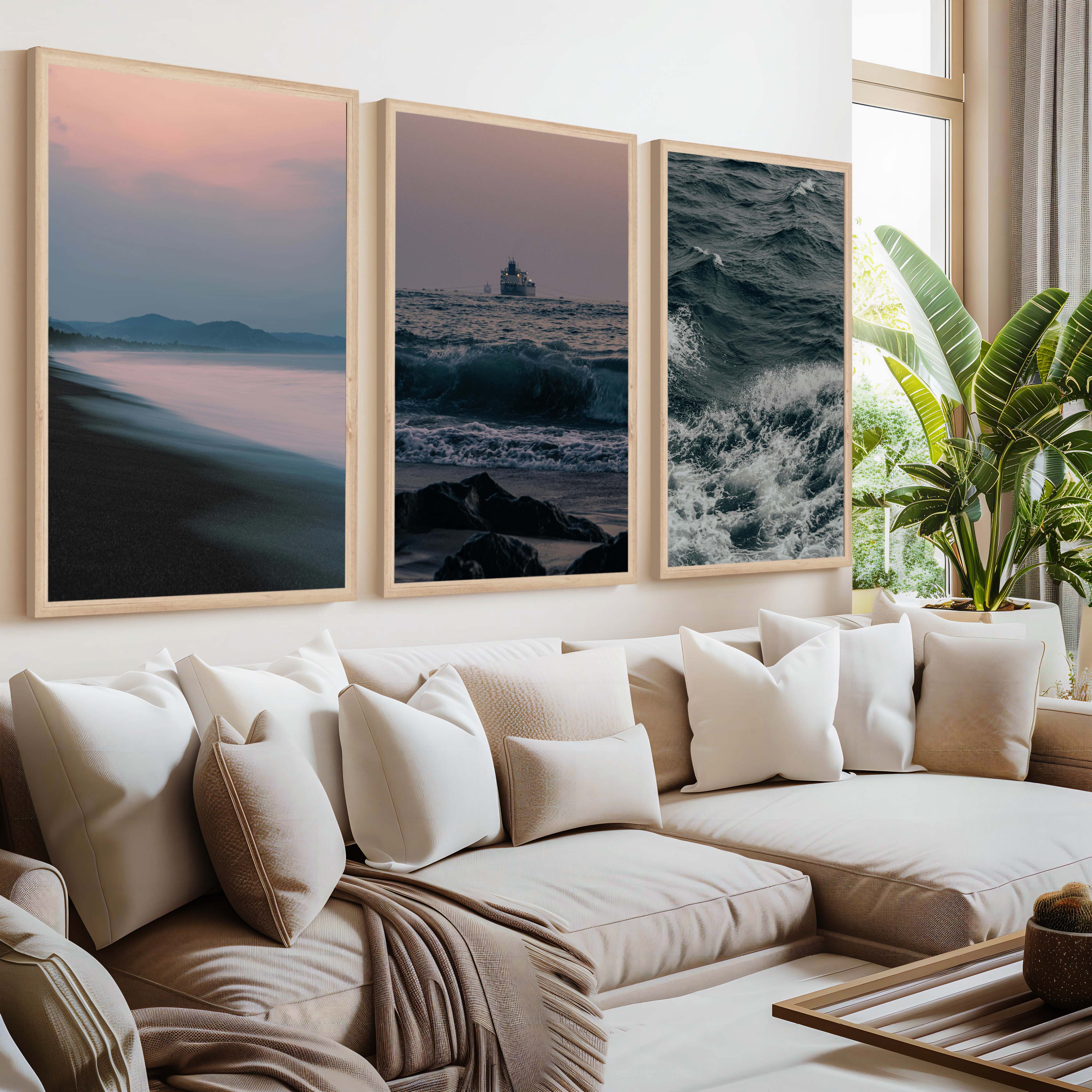 Beach Themed Wall Decor – Ocean Coast, Ship & Sandy Shore (Set of 3) - Natural Wood Framed Poster No Border - Artworksets