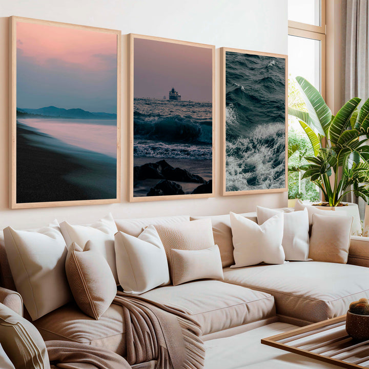 Beach Themed Wall Decor – Ocean Coast, Ship & Sandy Shore (Set of 3) - Natural Wood Framed Poster No Border - Artworksets