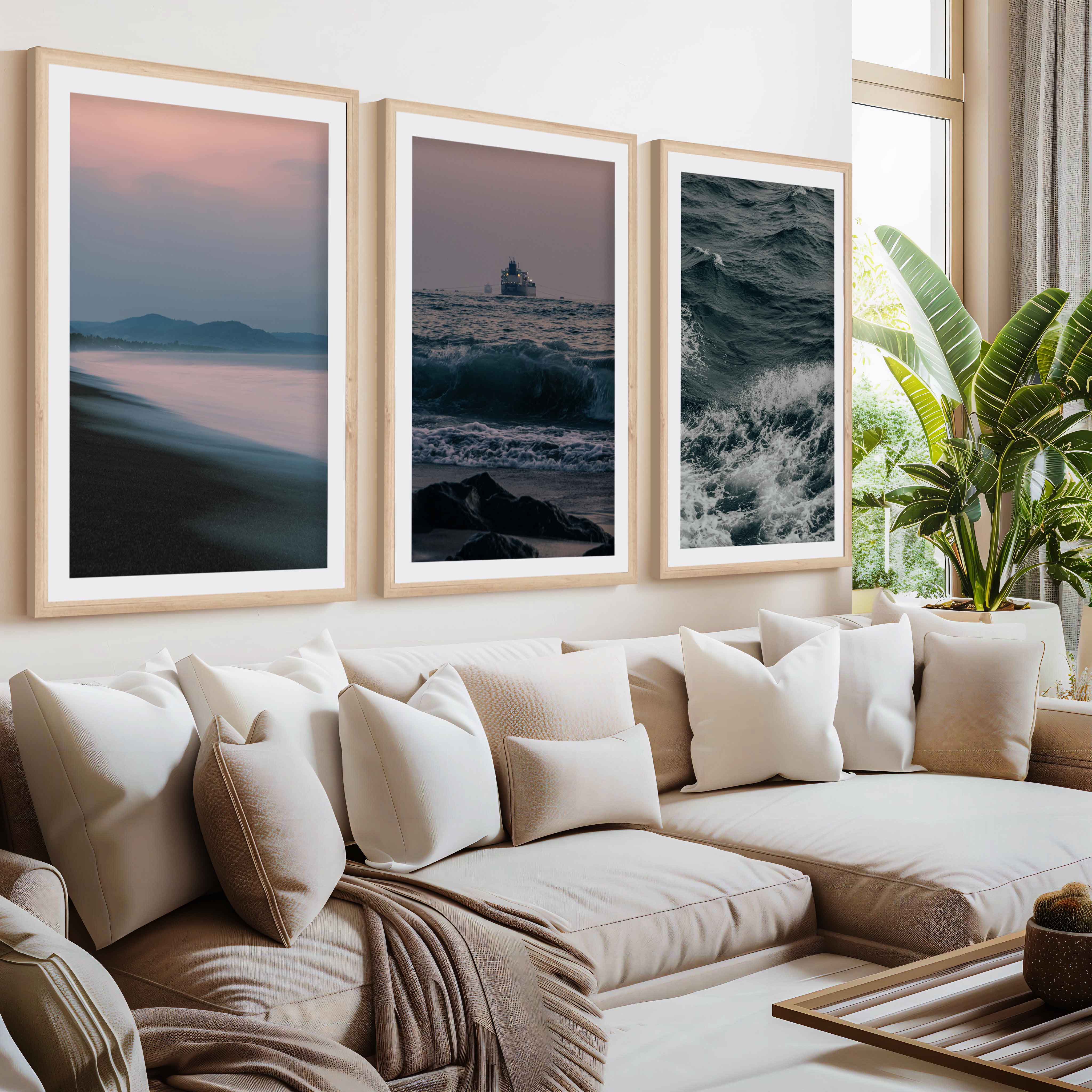 Beach Themed Wall Decor – Ocean Coast, Ship & Sandy Shore (Set of 3)- Natural Wood Framed Poster with White Border - Artworksets