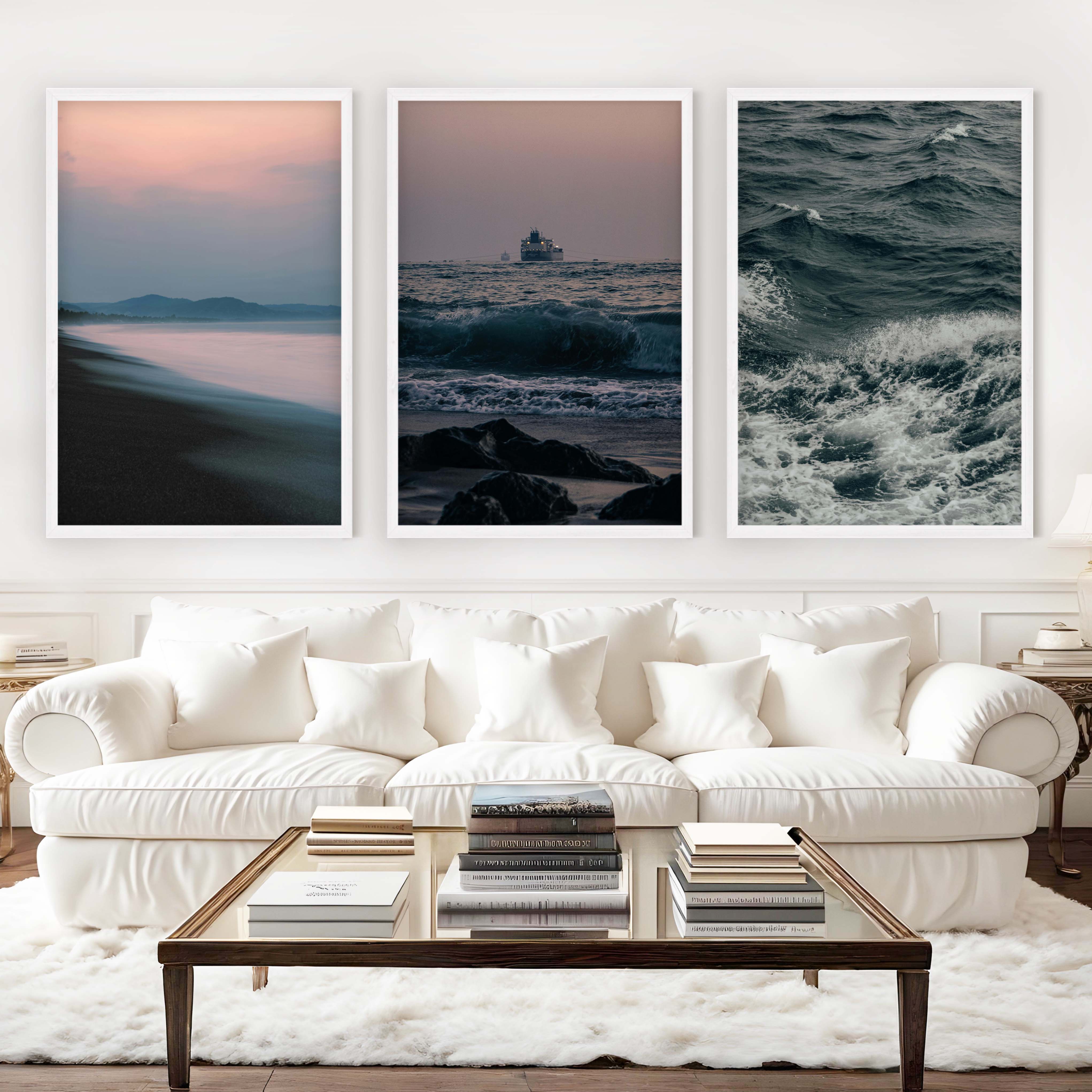 Beach Themed Wall Decor – Ocean Coast, Ship & Sandy Shore (Set of 3) - White Framed Poster No Border - Artworksets
